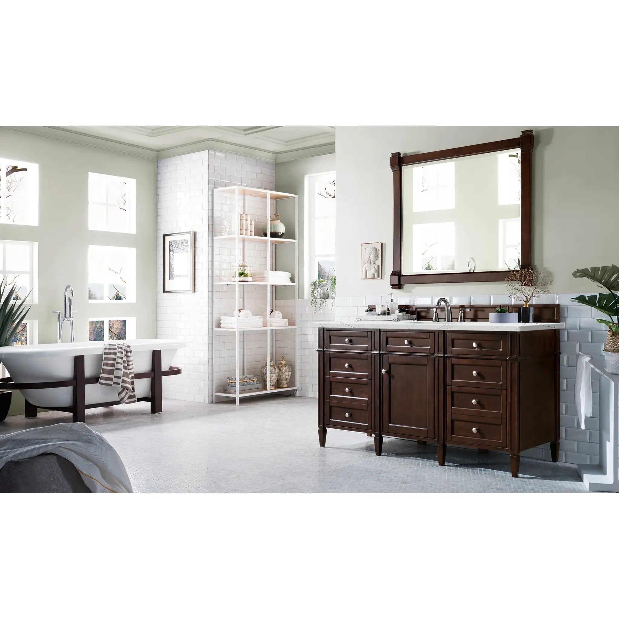 60" Brittany Single Vanity in Burnished Mahogany Wireless Charger-Ethereal Noctis Silestone-8" Widespread image 5