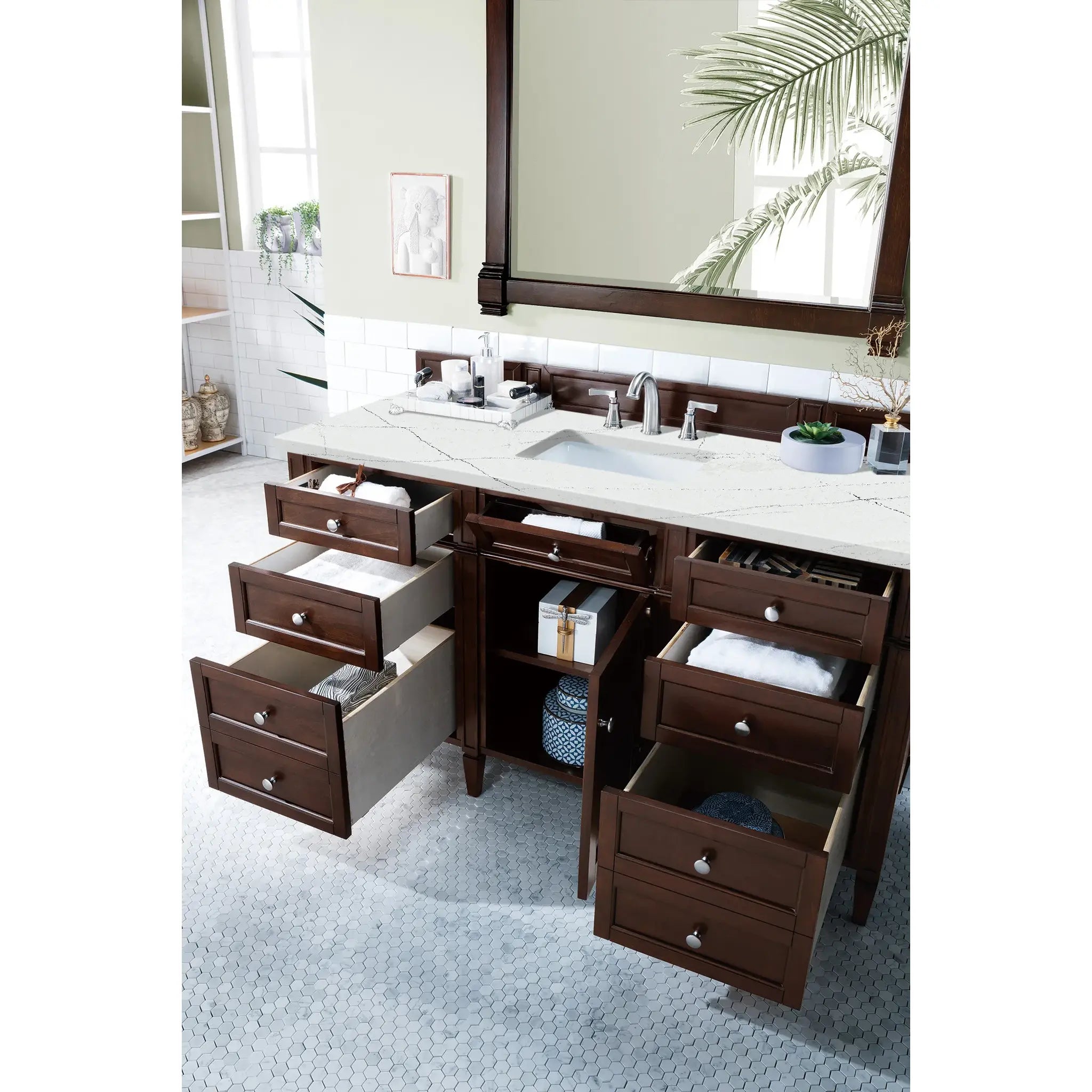 60" Brittany Single Vanity in Burnished Mahogany Wireless Charger-Ethereal Noctis Silestone-8" Widespread image 6