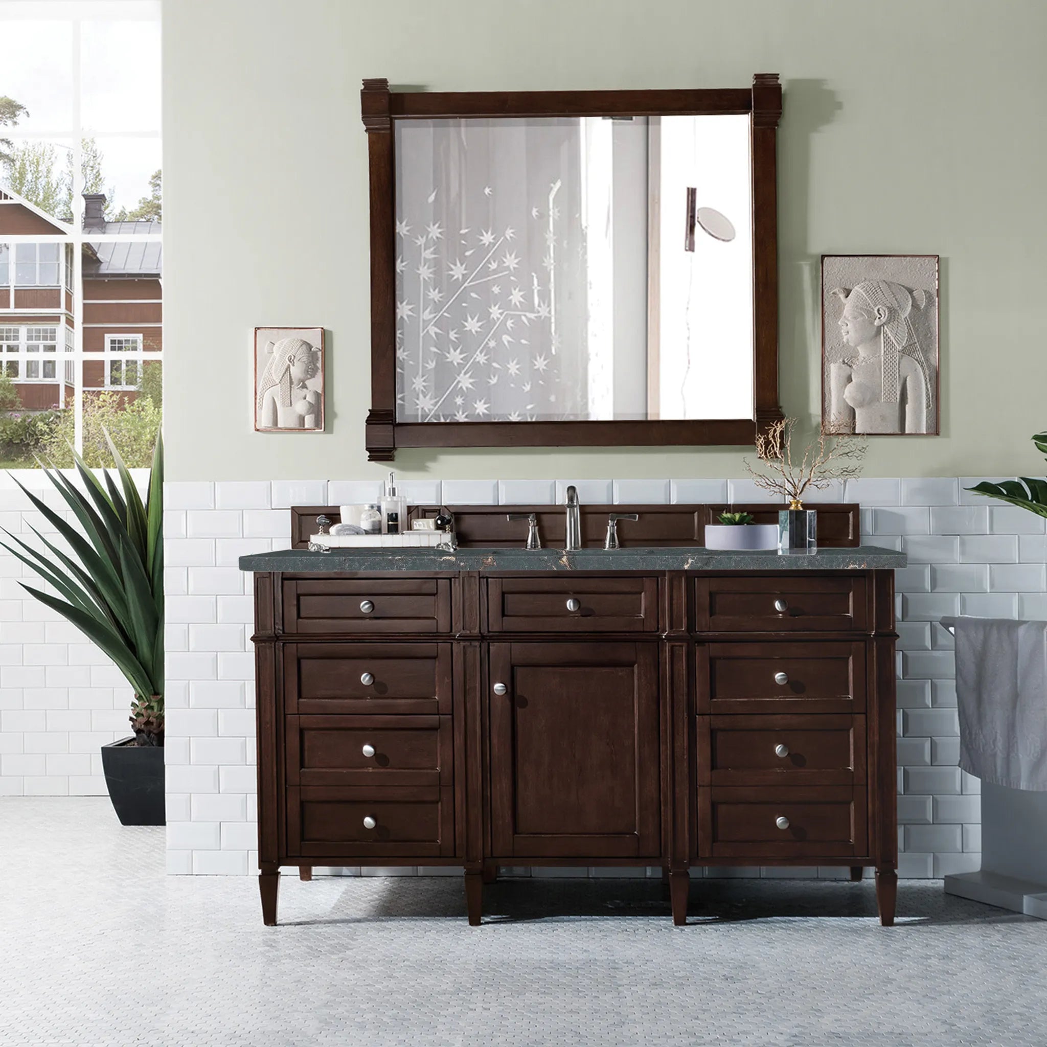 60" Brittany Single Vanity in Burnished Mahogany Wireless Charger-Parisien Bleu Silestone-8" Widespread image 4