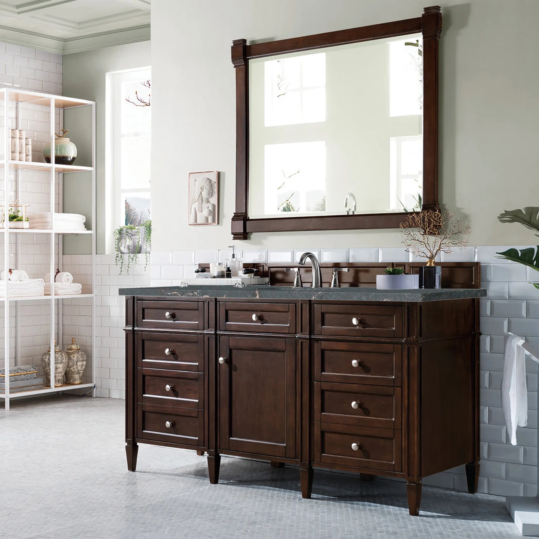 60" Brittany Single Vanity in Burnished Mahogany Wireless Charger-Parisien Bleu Silestone-8" Widespread image 5