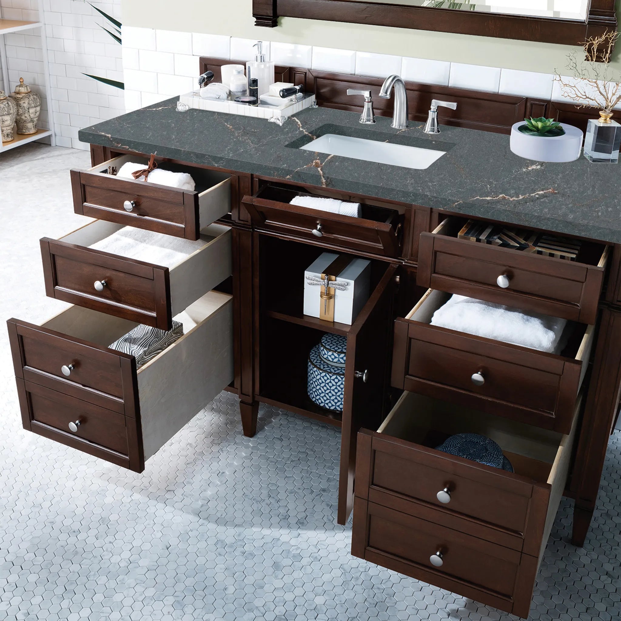 60" Brittany Single Vanity in Burnished Mahogany Wireless Charger-Parisien Bleu Silestone-8" Widespread image 6