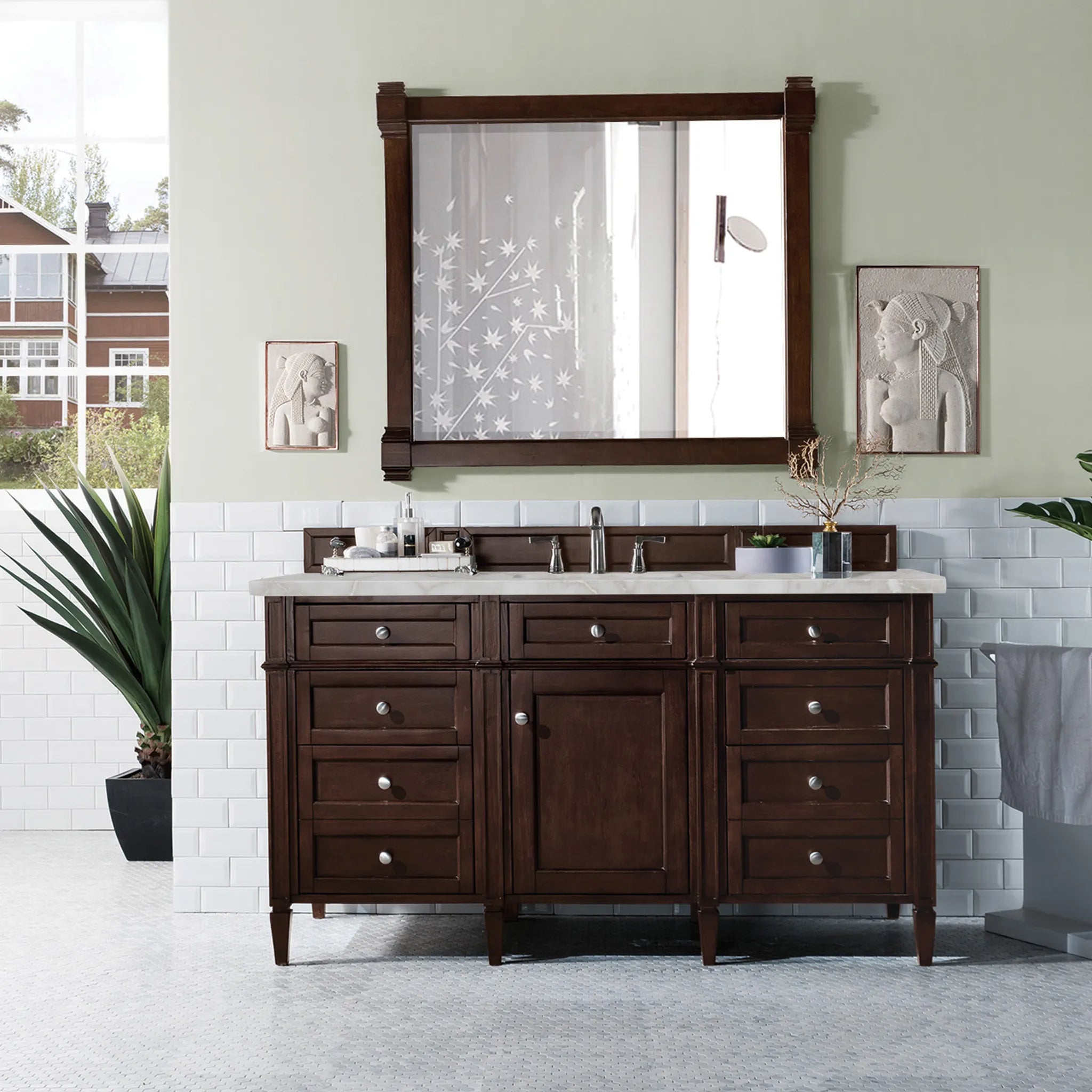 60" Brittany Single Vanity in Burnished Mahogany Wireless Charger-Victorian Silver Silestone-8" Widespread image 4