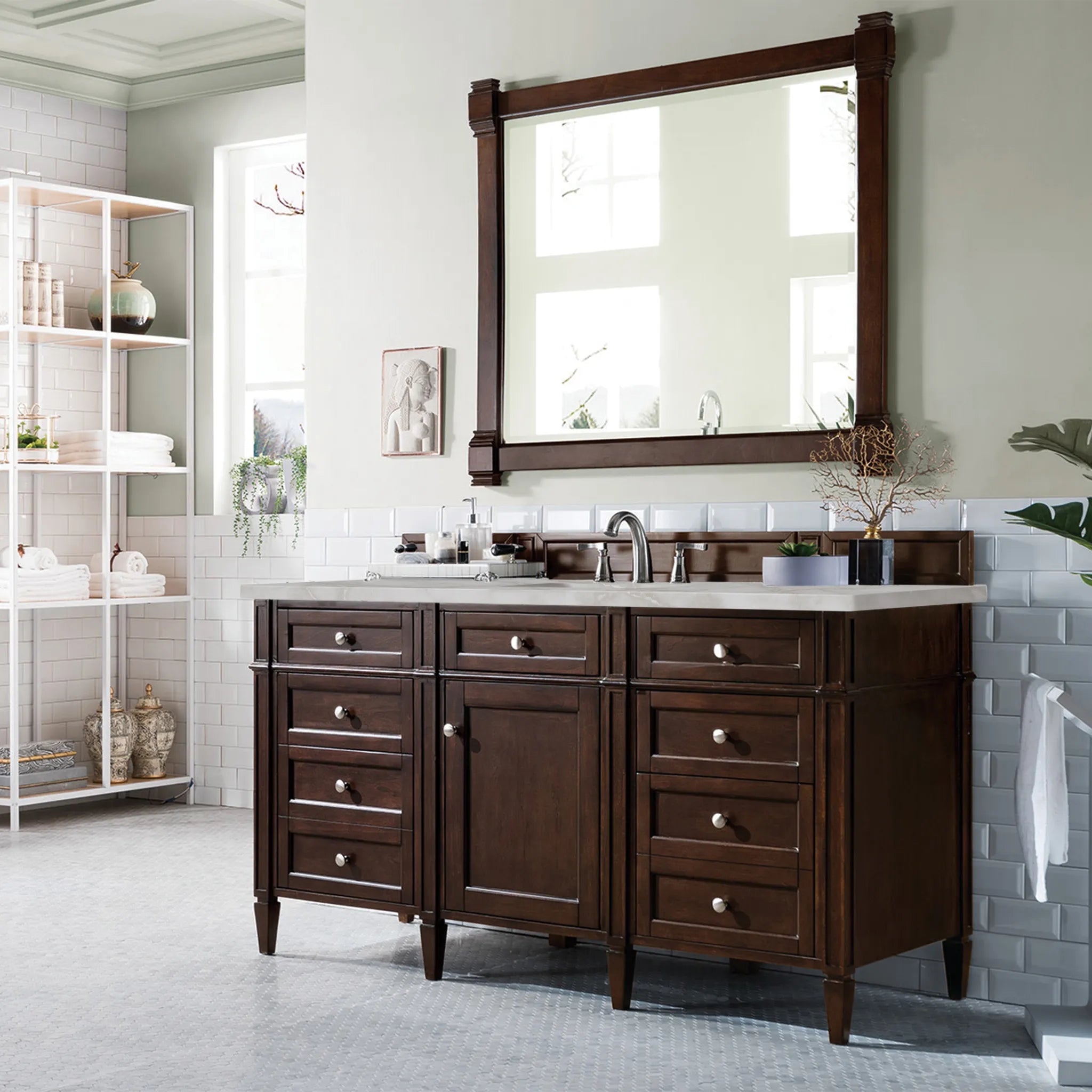 60" Brittany Single Vanity in Burnished Mahogany Wireless Charger-Victorian Silver Silestone-8" Widespread image 5