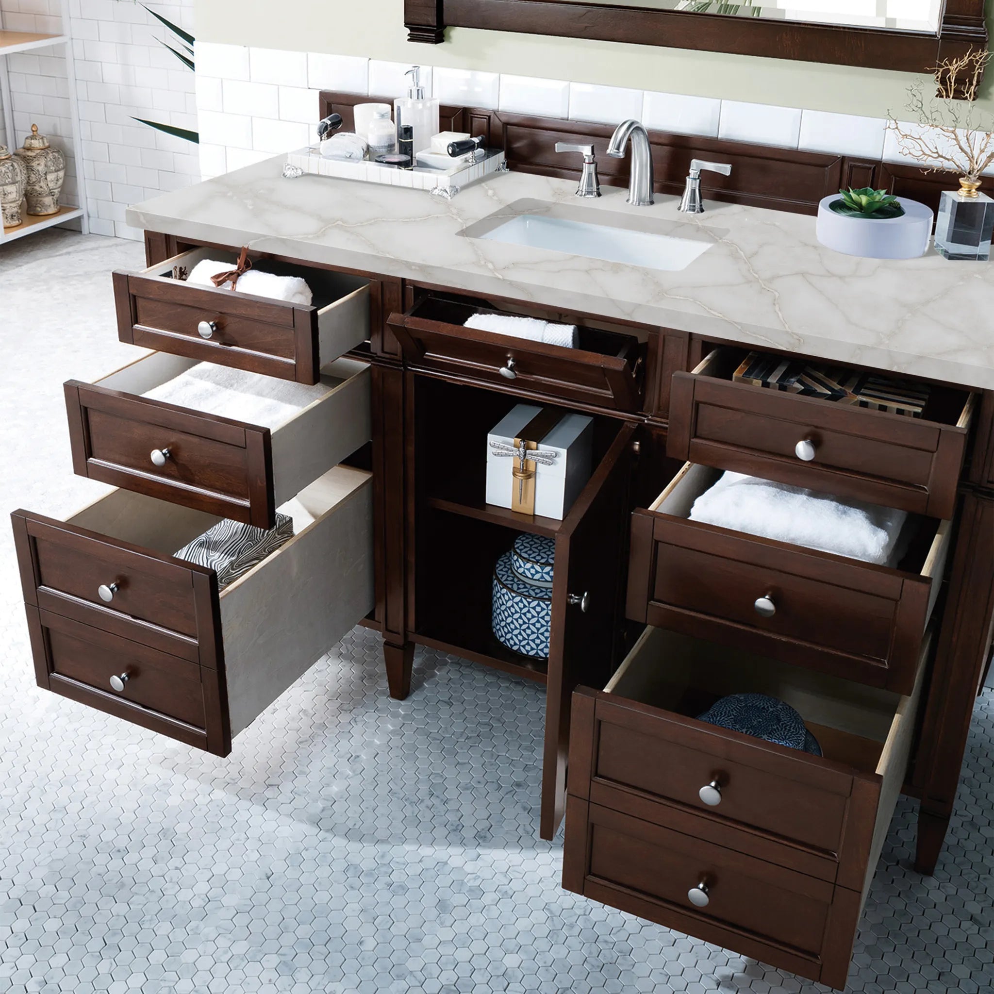 60" Brittany Single Vanity in Burnished Mahogany Wireless Charger-Victorian Silver Silestone-8" Widespread image 6