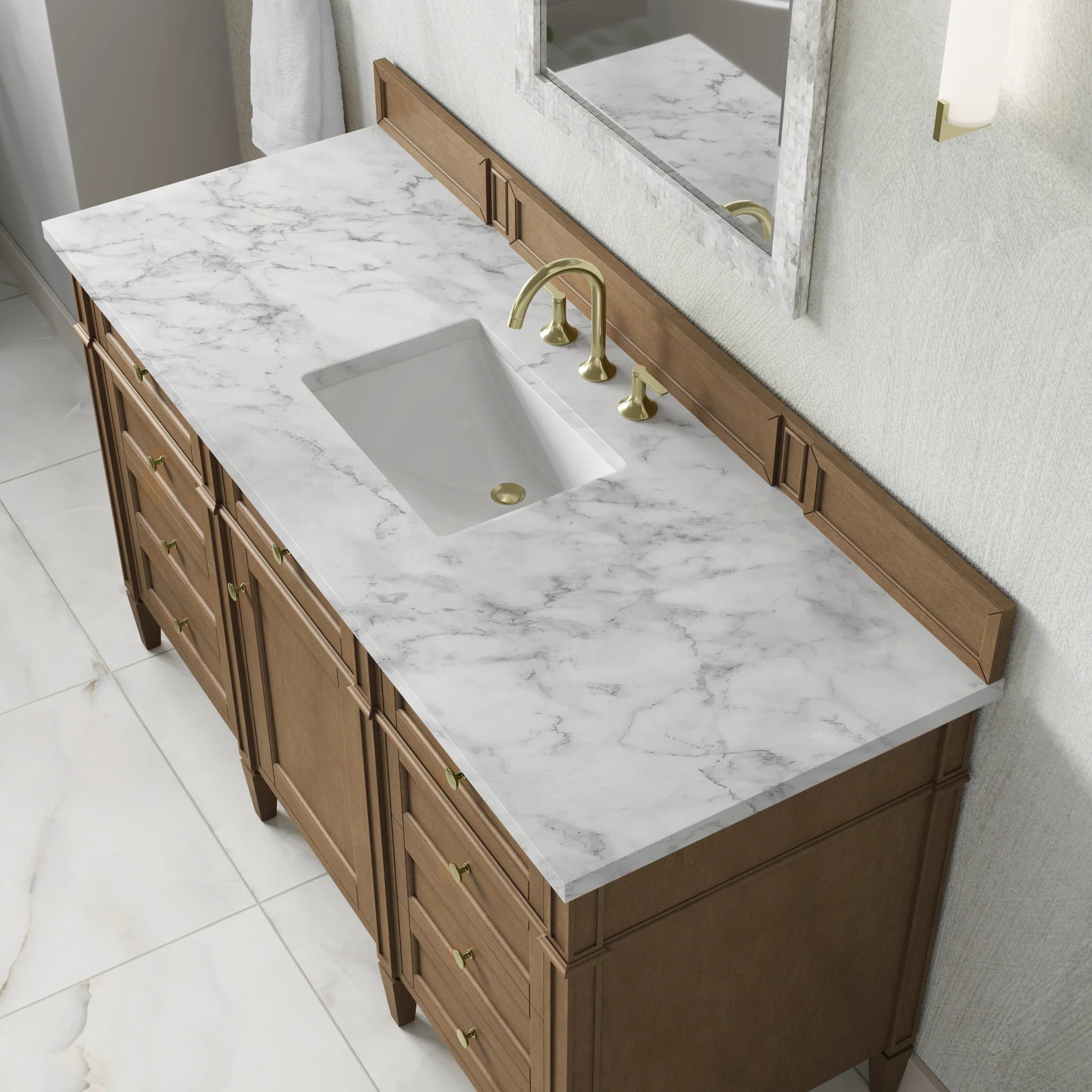 60" Brittany Single Vanity in Pecan by James Martin Vanities-Carrara White Marble 6