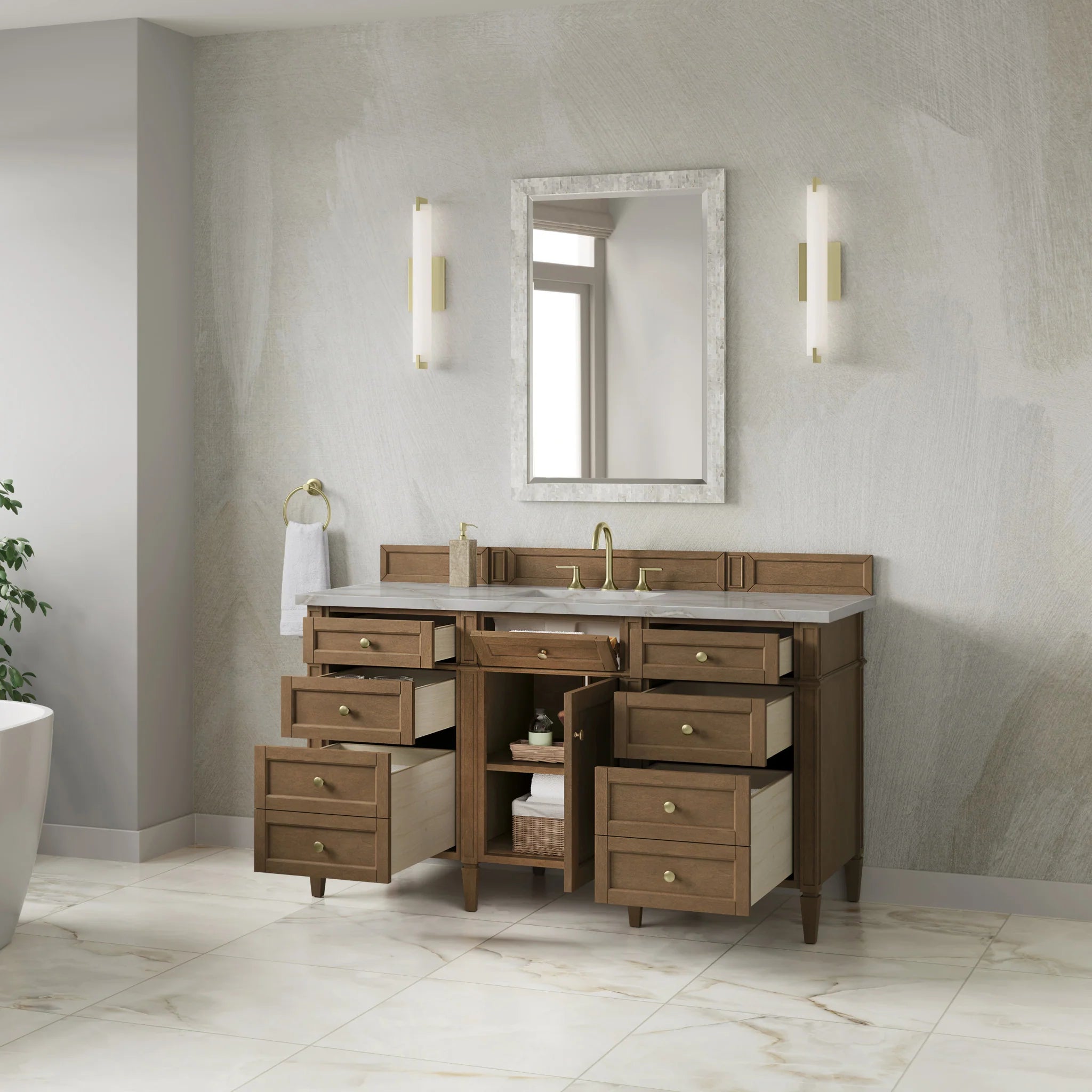 60" Brittany Single Vanity in Pecan by James Martin Vanities-Victorian Silver Silestone 3