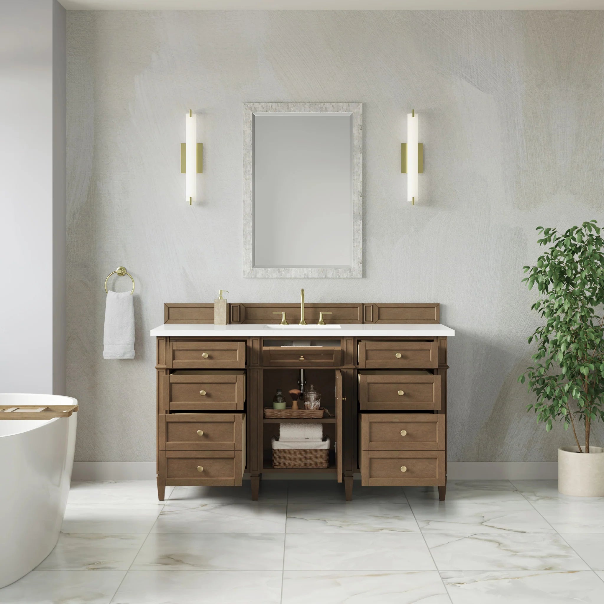 60" Brittany Single Vanity in Pecan by James Martin Vanities-White Zeus Silestone 4