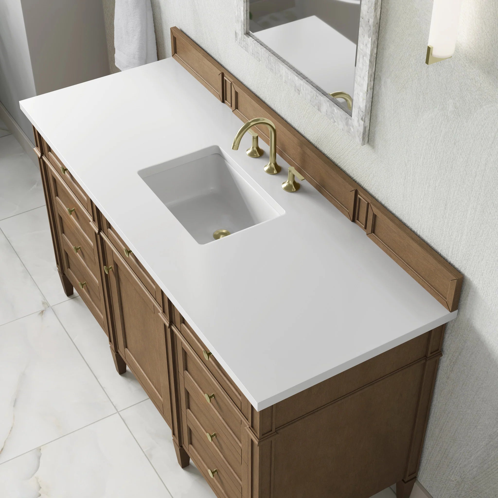 60" Brittany Single Vanity in Pecan by James Martin Vanities-White Zeus Silestone 7