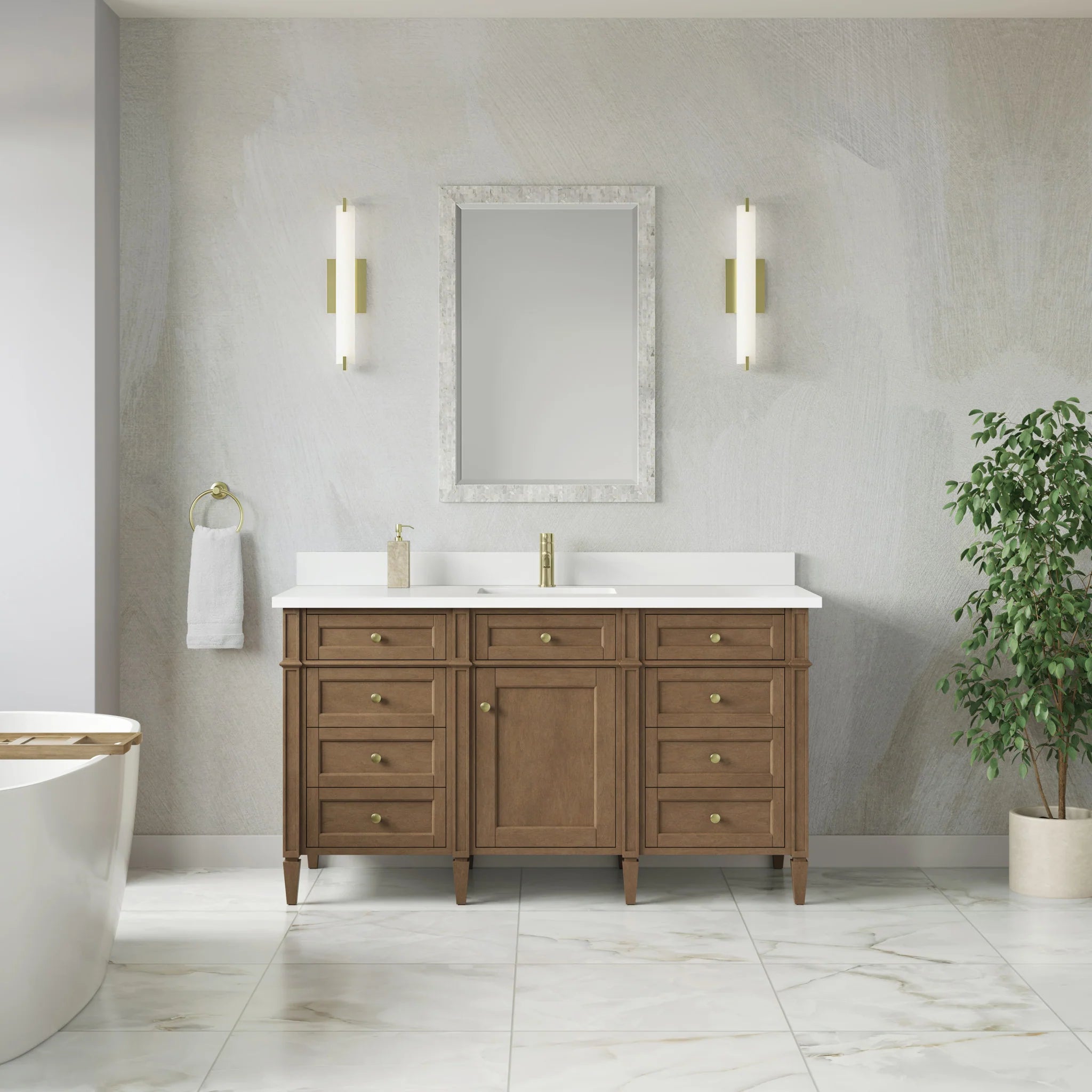 60" Brittany Single Vanity in Pecan by James Martin Vanities-White Zeus Silestone & Backsplash 1