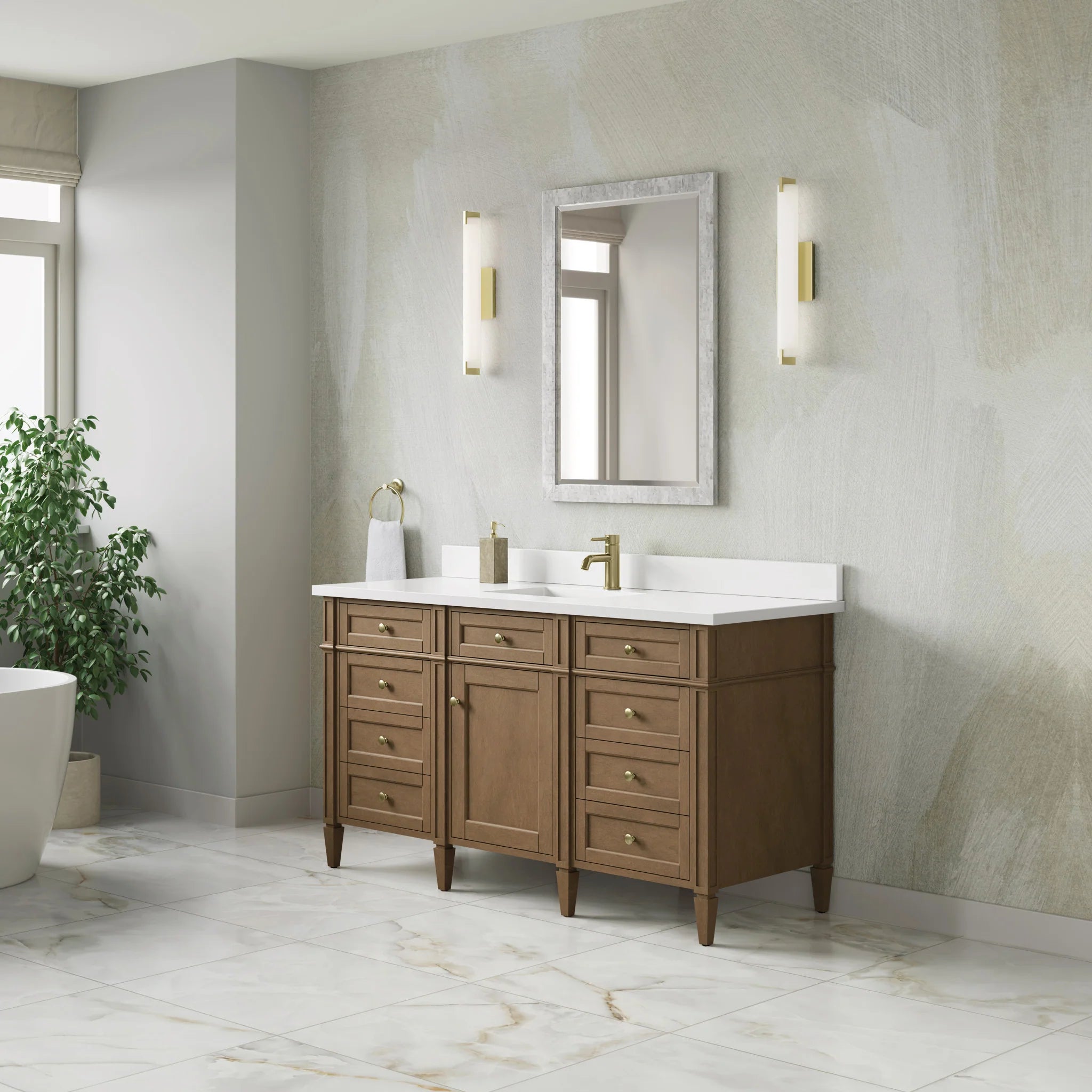 60" Brittany Single Vanity in Pecan by James Martin Vanities-White Zeus Silestone & Backsplash 2