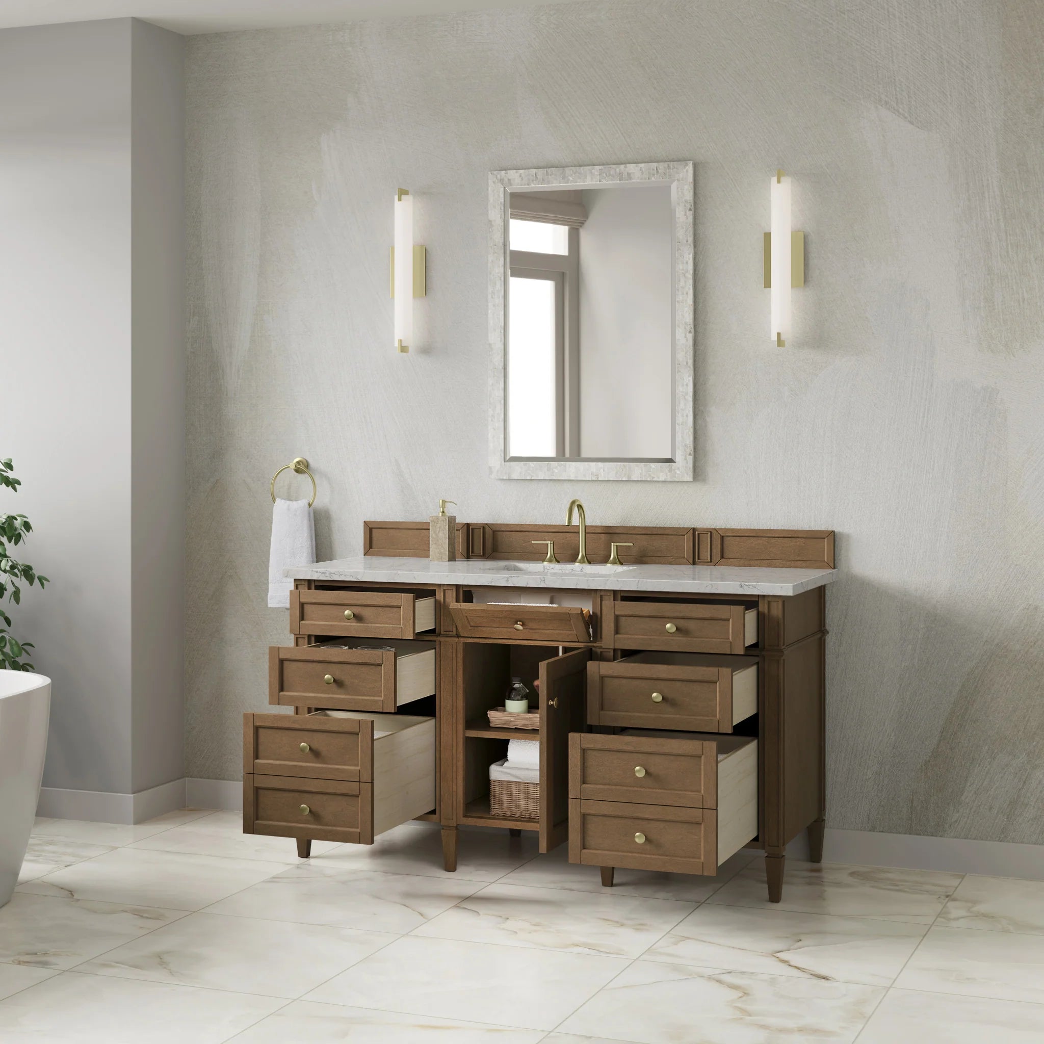 60" Brittany Single Vanity in Pecan w/FreePower Wireless Charger by James Martin Vanities-Eternal Jasmine Pearl Silestone 3