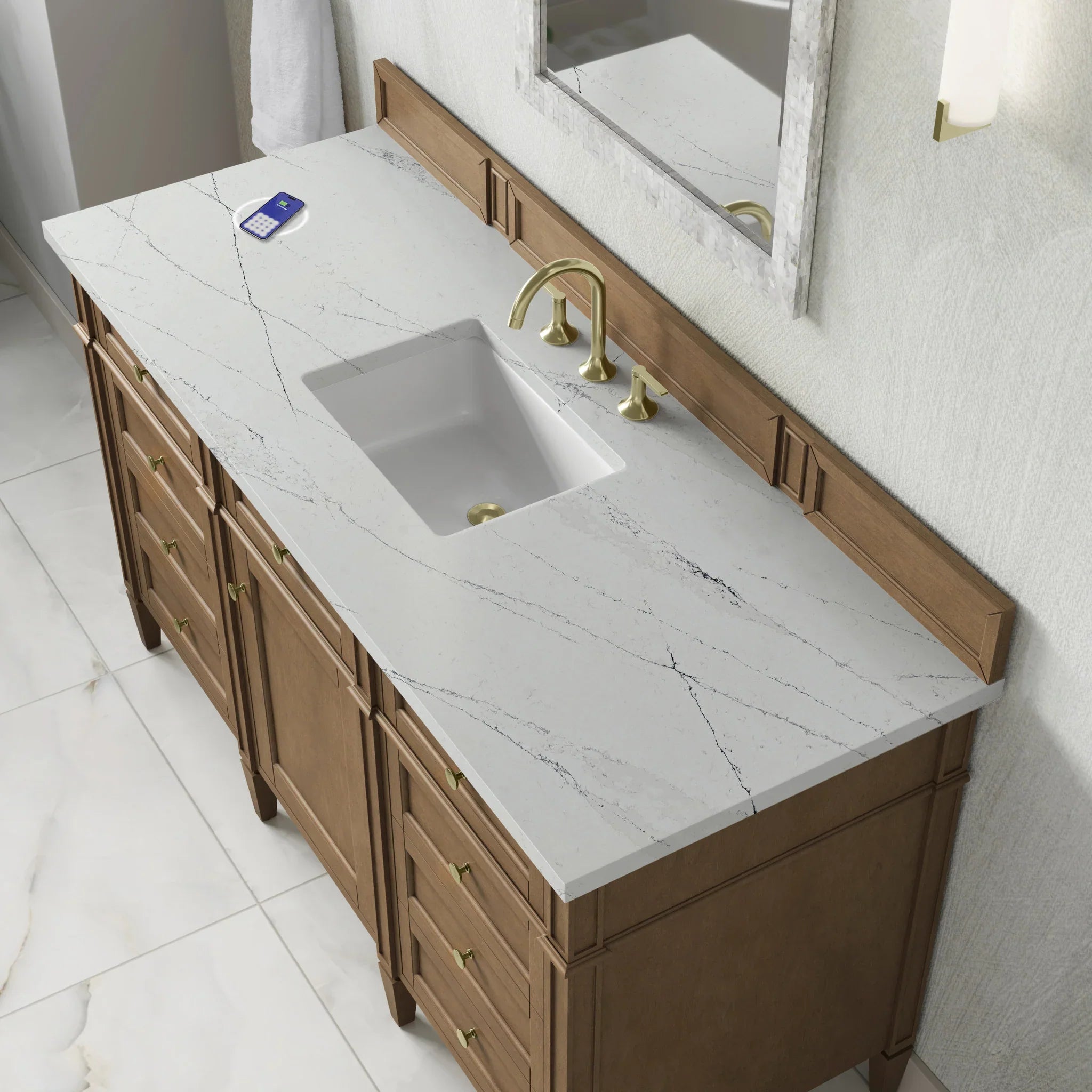 60" Brittany Single Vanity in Pecan w/FreePower Wireless Charger by James Martin Vanities-Ethereal Noctis Silestone 6