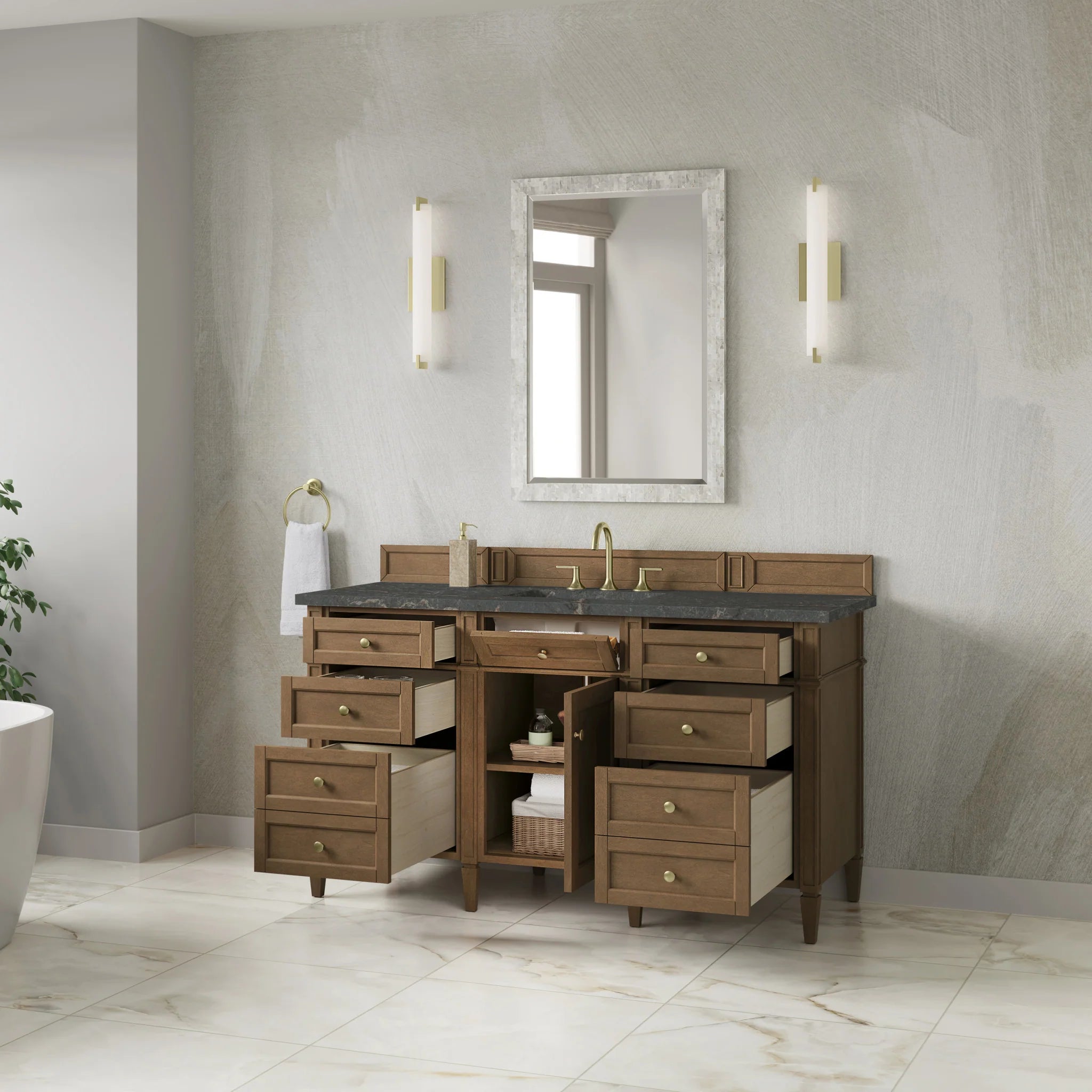 60" Brittany Single Vanity in Pecan w/FreePower Wireless Charger by James Martin Vanities-Parisien Bleu Silestone 3