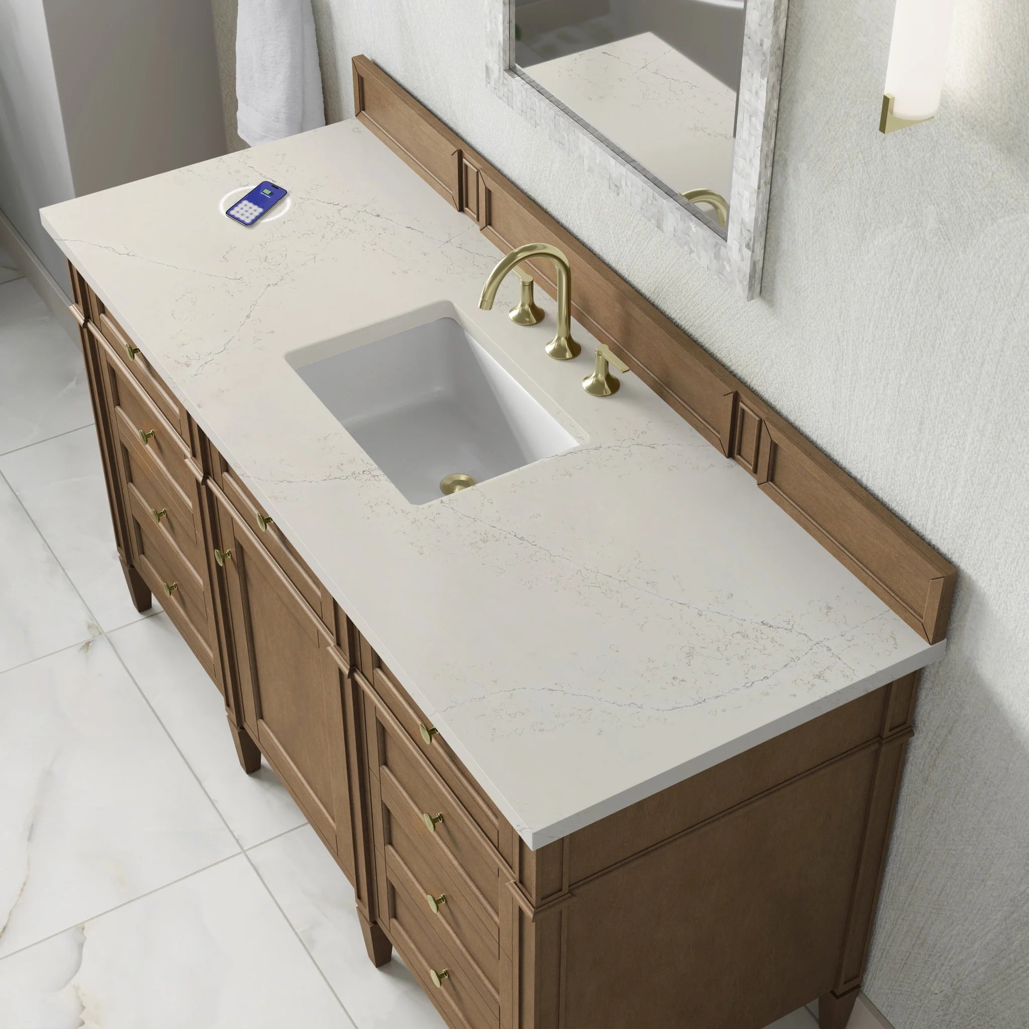 60" Brittany Single Vanity in Pecan w/FreePower Wireless Charger by James Martin Vanities-Siberian Silestone 6