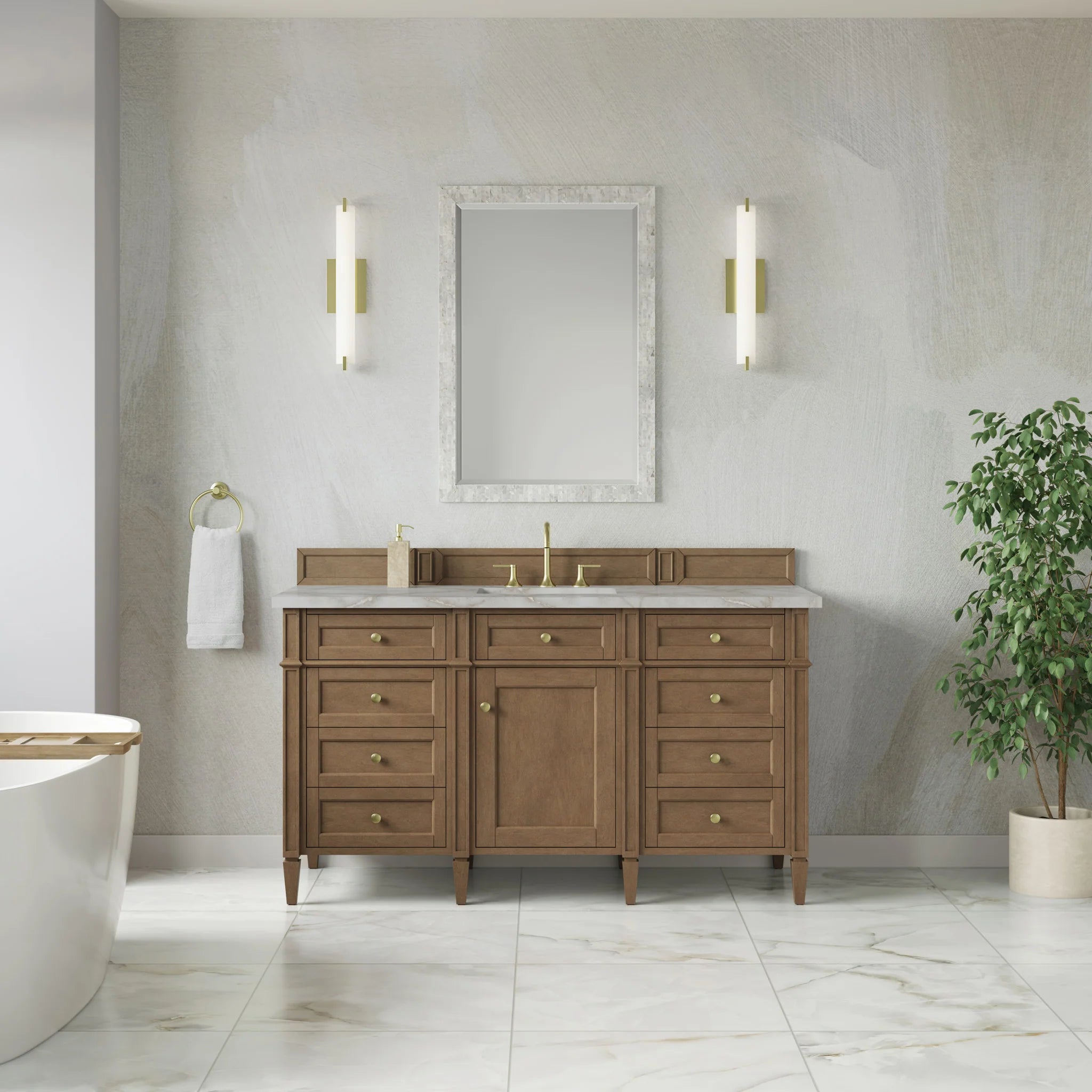 60" Brittany Single Vanity in Pecan w/FreePower Wireless Charger by James Martin Vanities-Victorian Silver Silestone 1