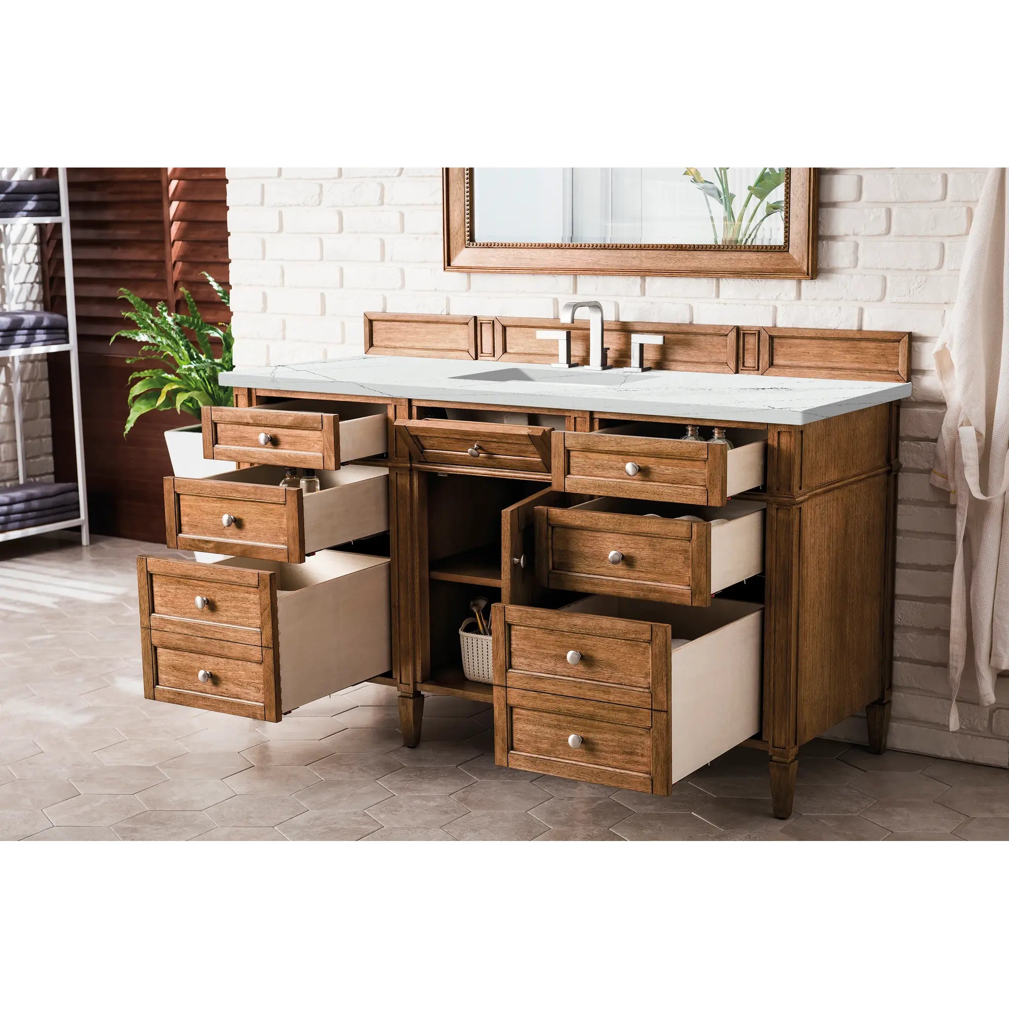 60" Brittany Single Vanity in Saddle Brown w/FreePower Wireless Charger-Ethereal Noctis Silestone-8" Widespread image 6