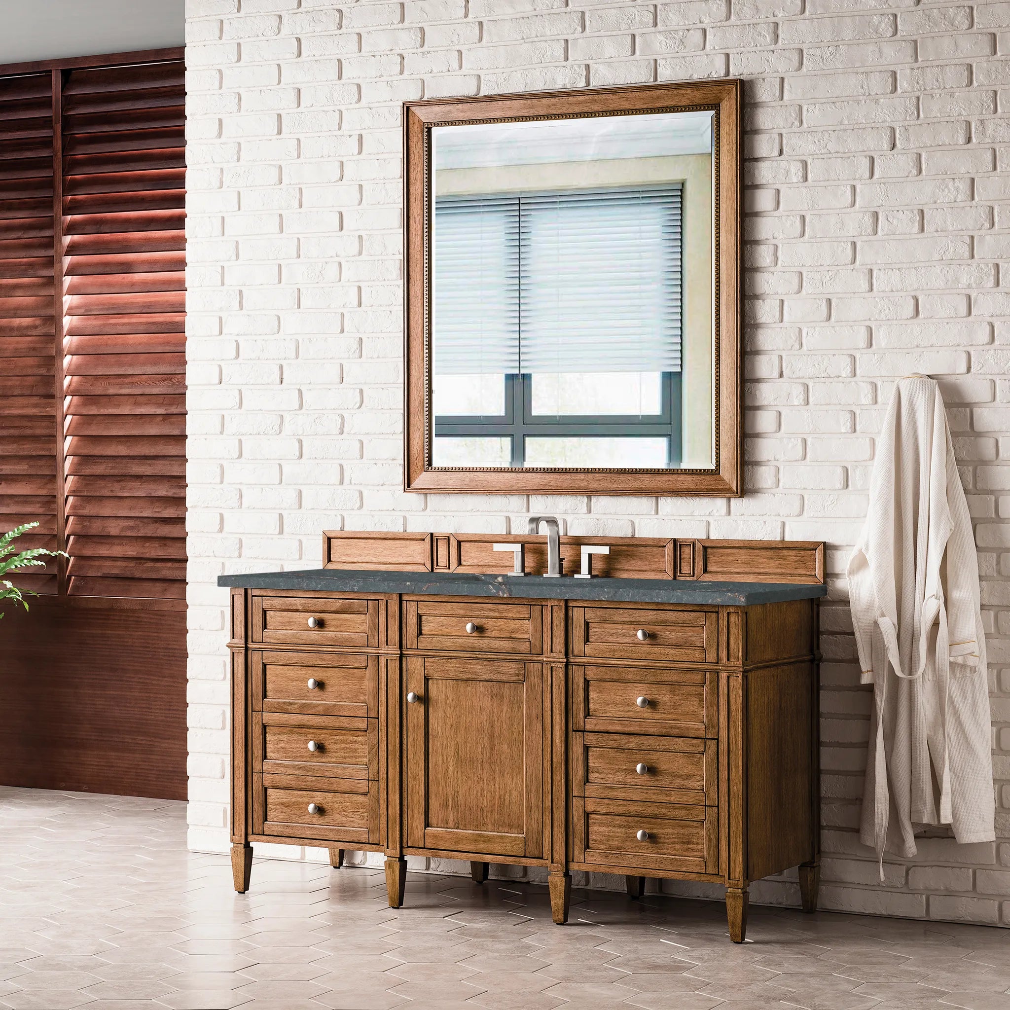 60" Brittany Single Vanity in Saddle Brown w/FreePower Wireless Charger-Parisien Bleu Silestone-8" Widespread image 5