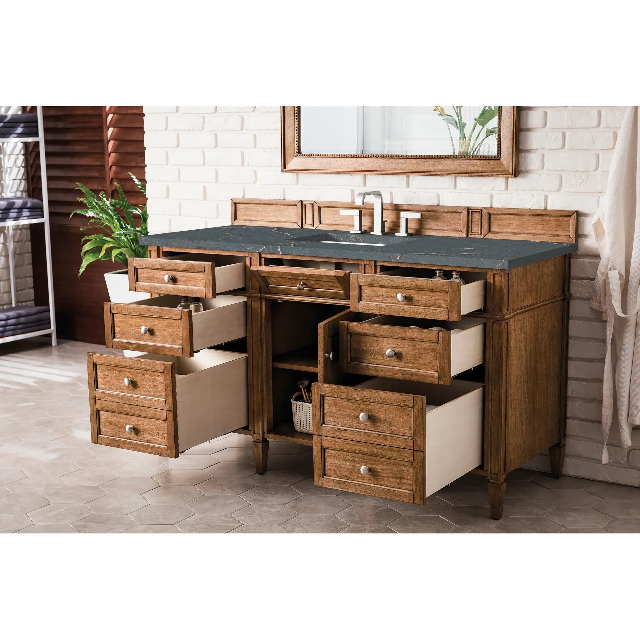 60" Brittany Single Vanity in Saddle Brown w/FreePower Wireless Charger-Parisien Bleu Silestone-8" Widespread image 6