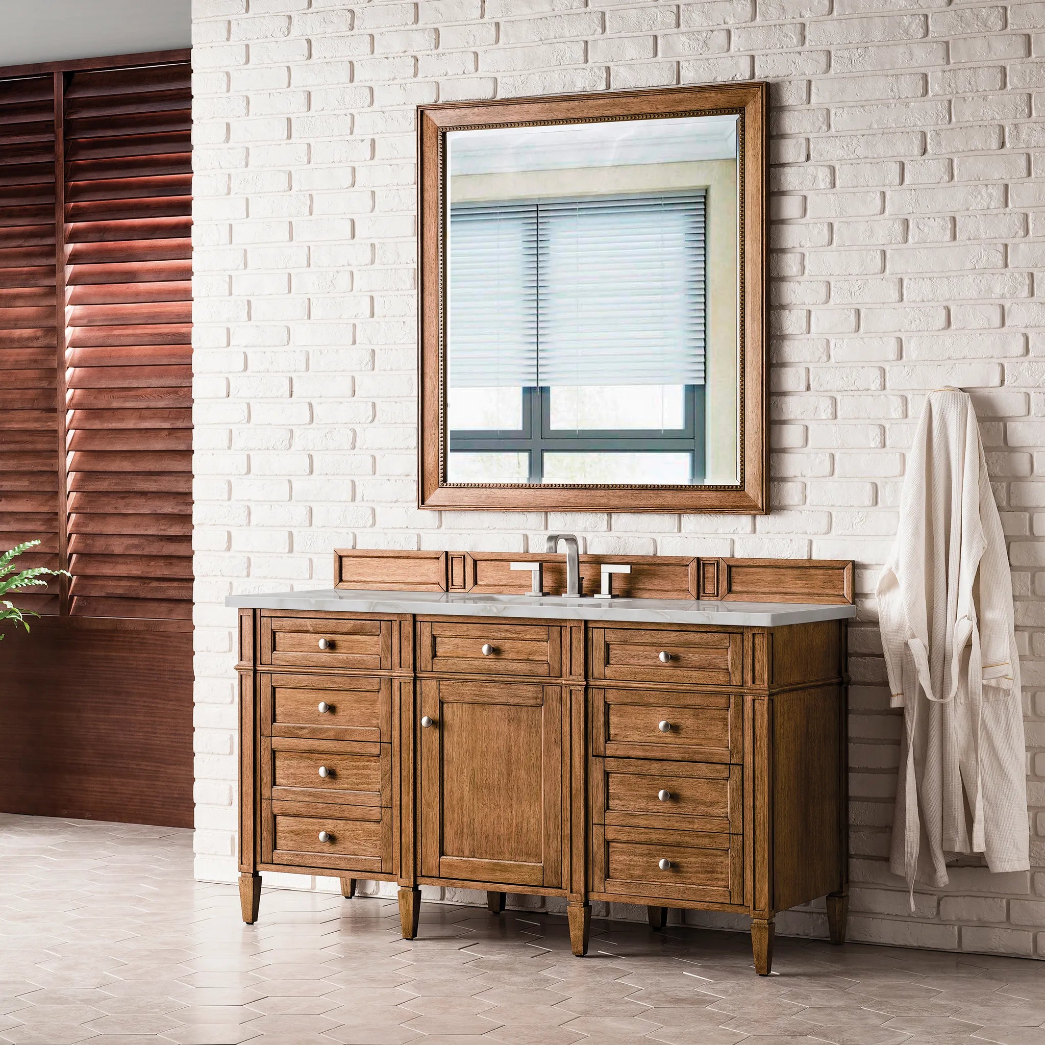 60" Brittany Single Vanity in Saddle Brown w/FreePower Wireless Charger-Victorian Silver Silestone-8" Widespread image 5