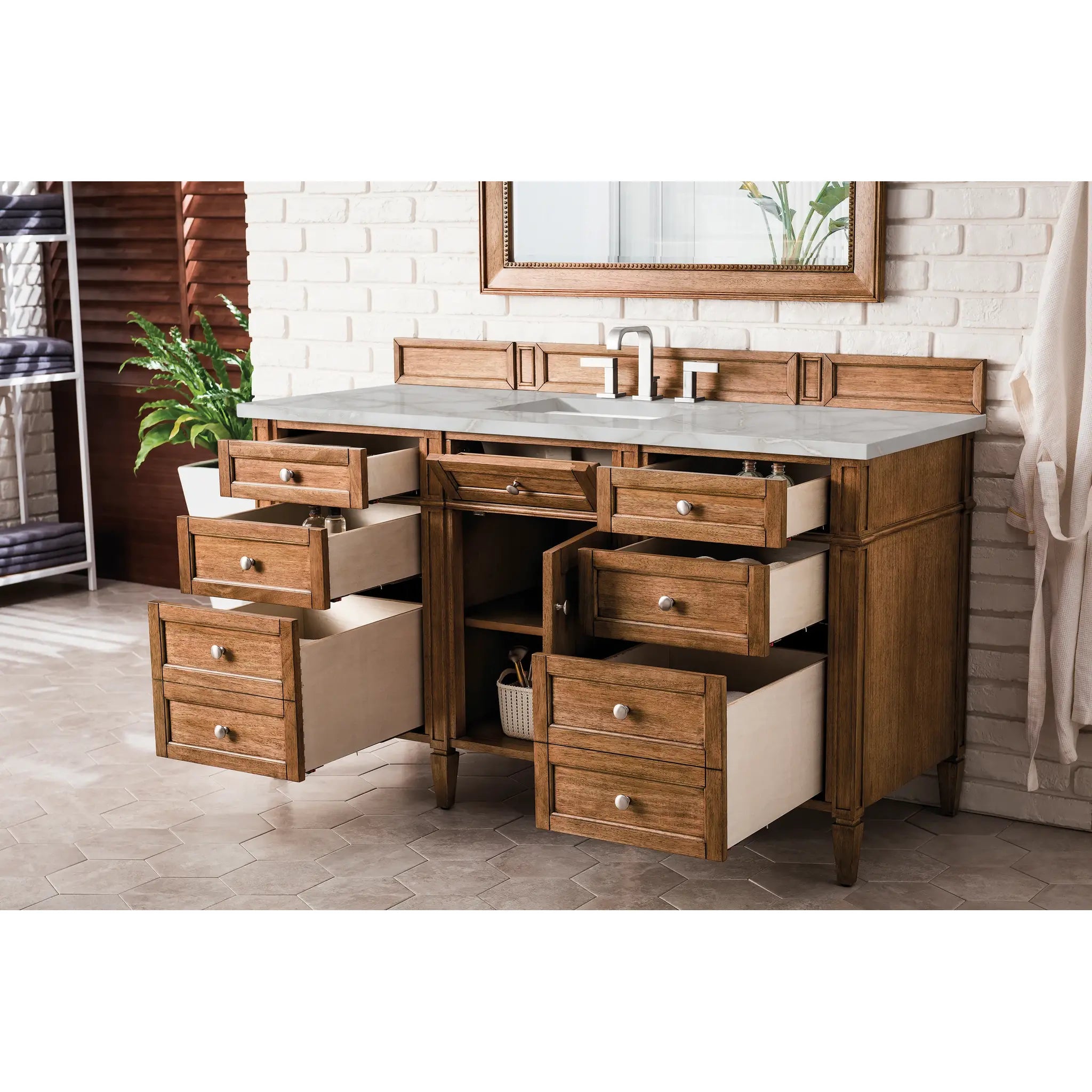 60" Brittany Single Vanity in Saddle Brown w/FreePower Wireless Charger-Victorian Silver Silestone-8" Widespread image 6
