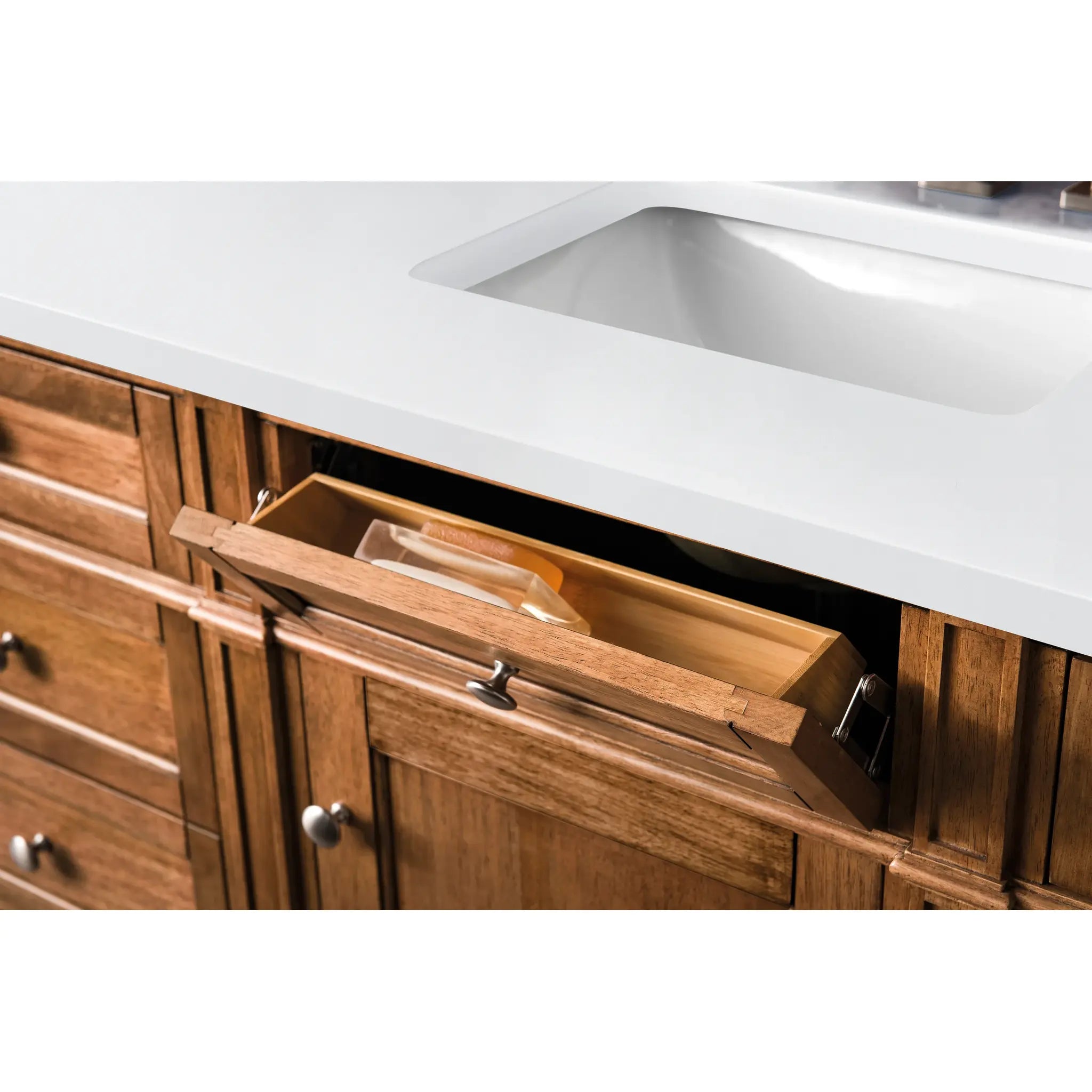 60" Brittany Single Vanity in Saddle Brown-White Zeus Silestone-8" Widespread image 4