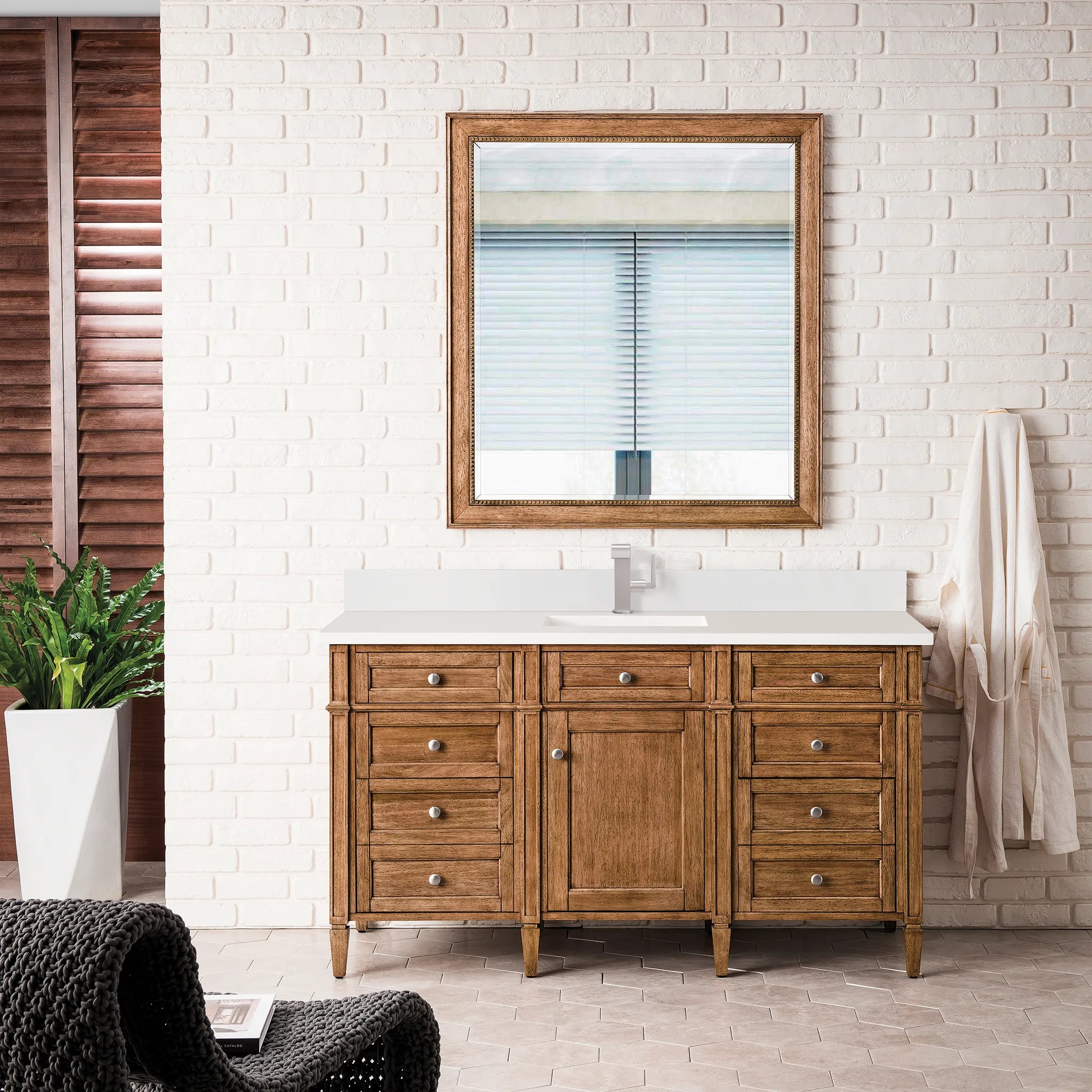 60" Brittany Single Vanity in Saddle Brown-White Zeus Silestone & Backsplash-Single Hole image 1