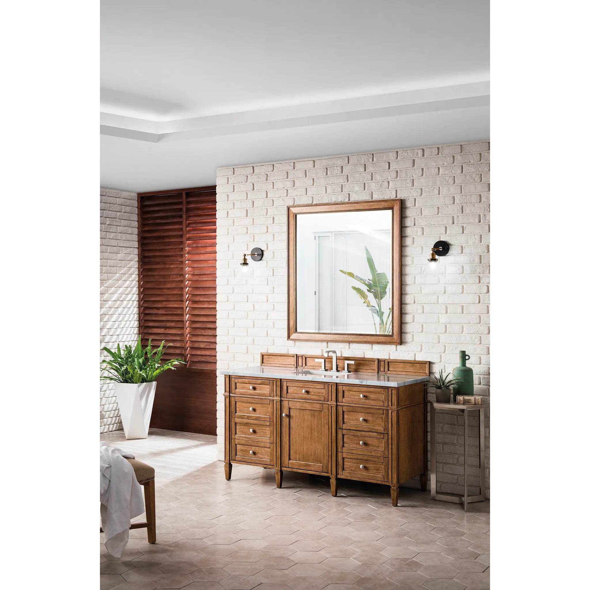 60" Brittany Single Vanity in Saddle Brown Wireless Charger-Eternal Jasmine Pearl Silestone-8" Widespread image 5