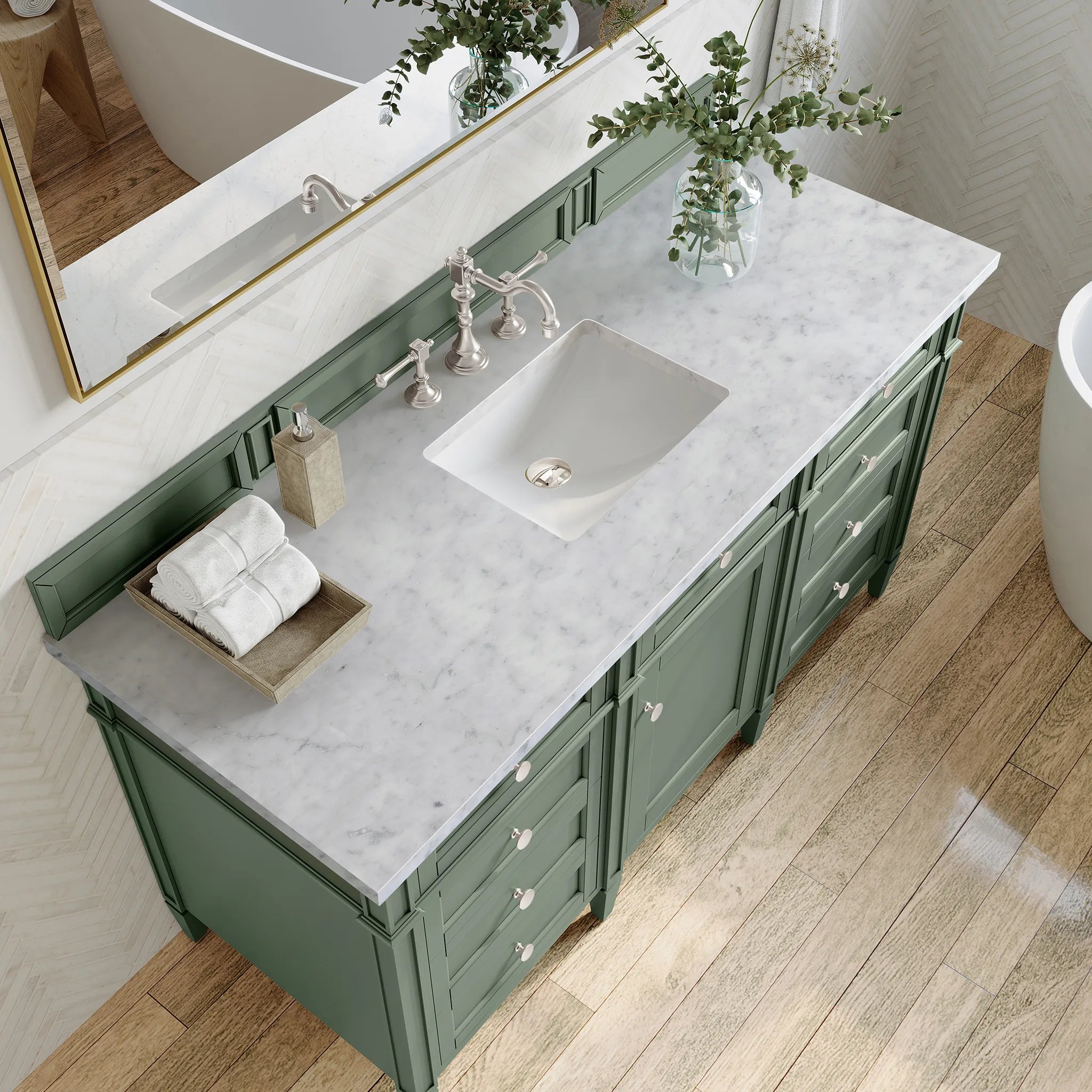 60" Brittany Single Vanity in Smokey Celadon-Carrara White Marble-8" Widespread image 4