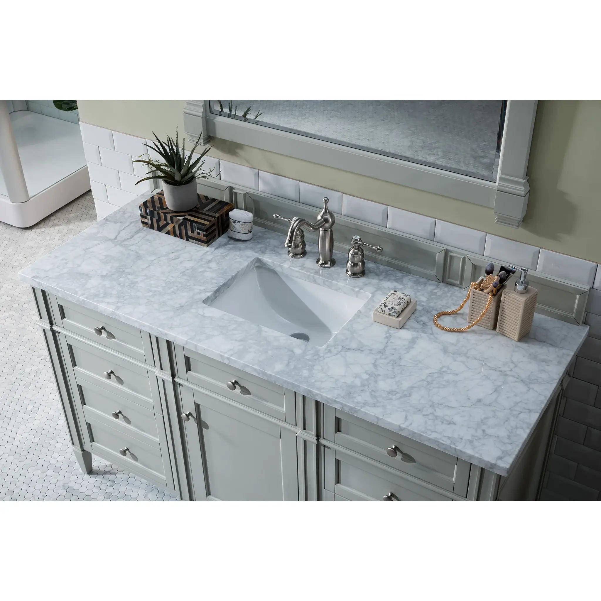 60" Brittany Single Vanity in Urban Gray-Carrara White Marble-8" Widespread image 4