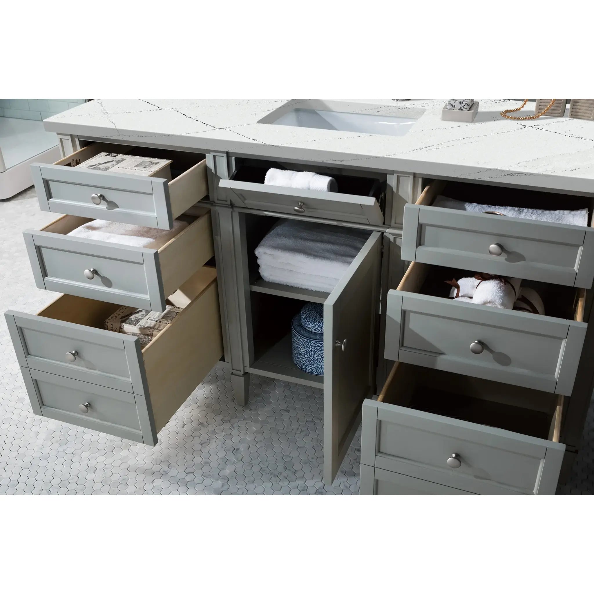 60" Brittany Single Vanity in Urban Gray-Ethereal Noctis Silestone-8" Widespread image 3
