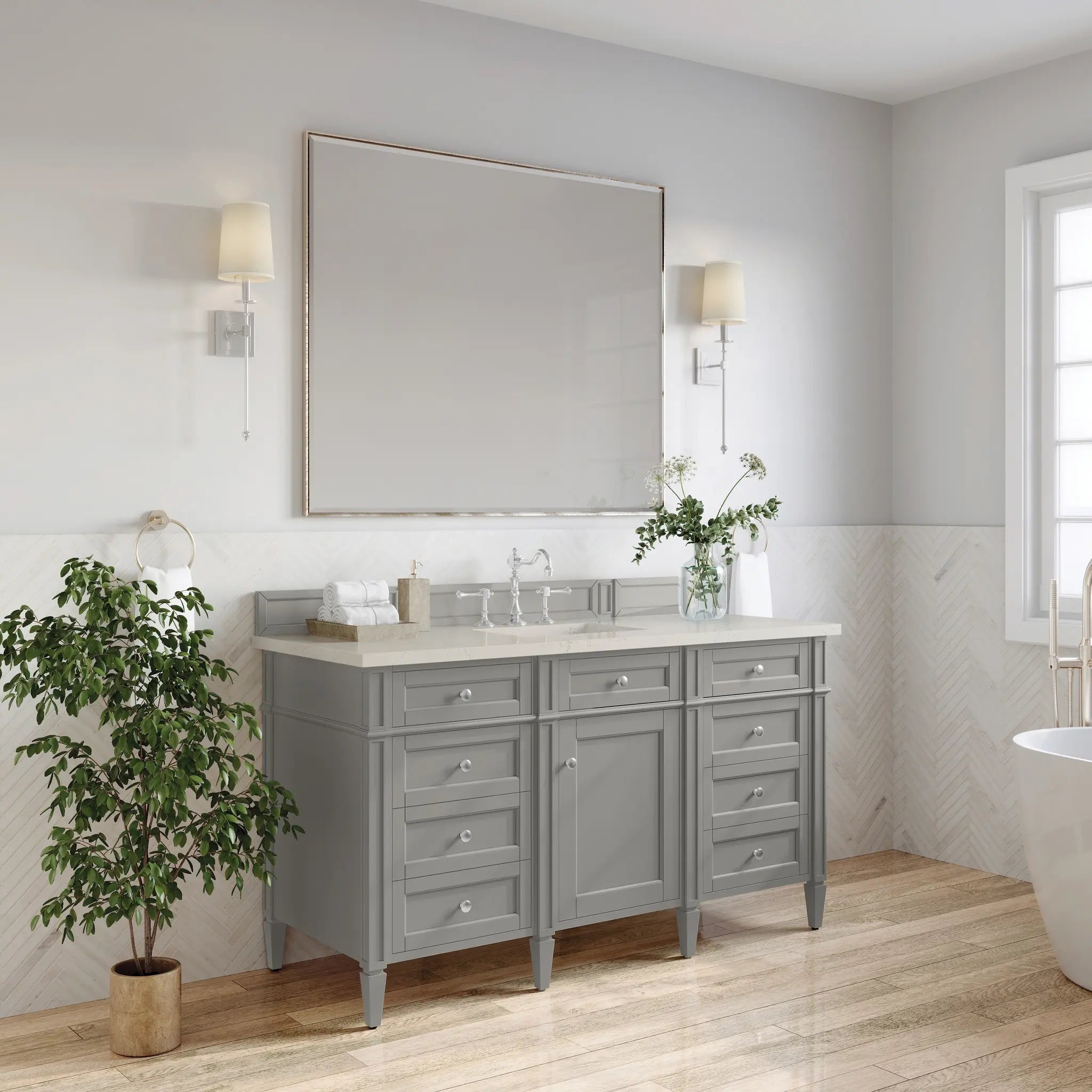 60 Brittany Single Vanity In Urban Gray Power Enabled Siberian Silestone 8 Widespread 6