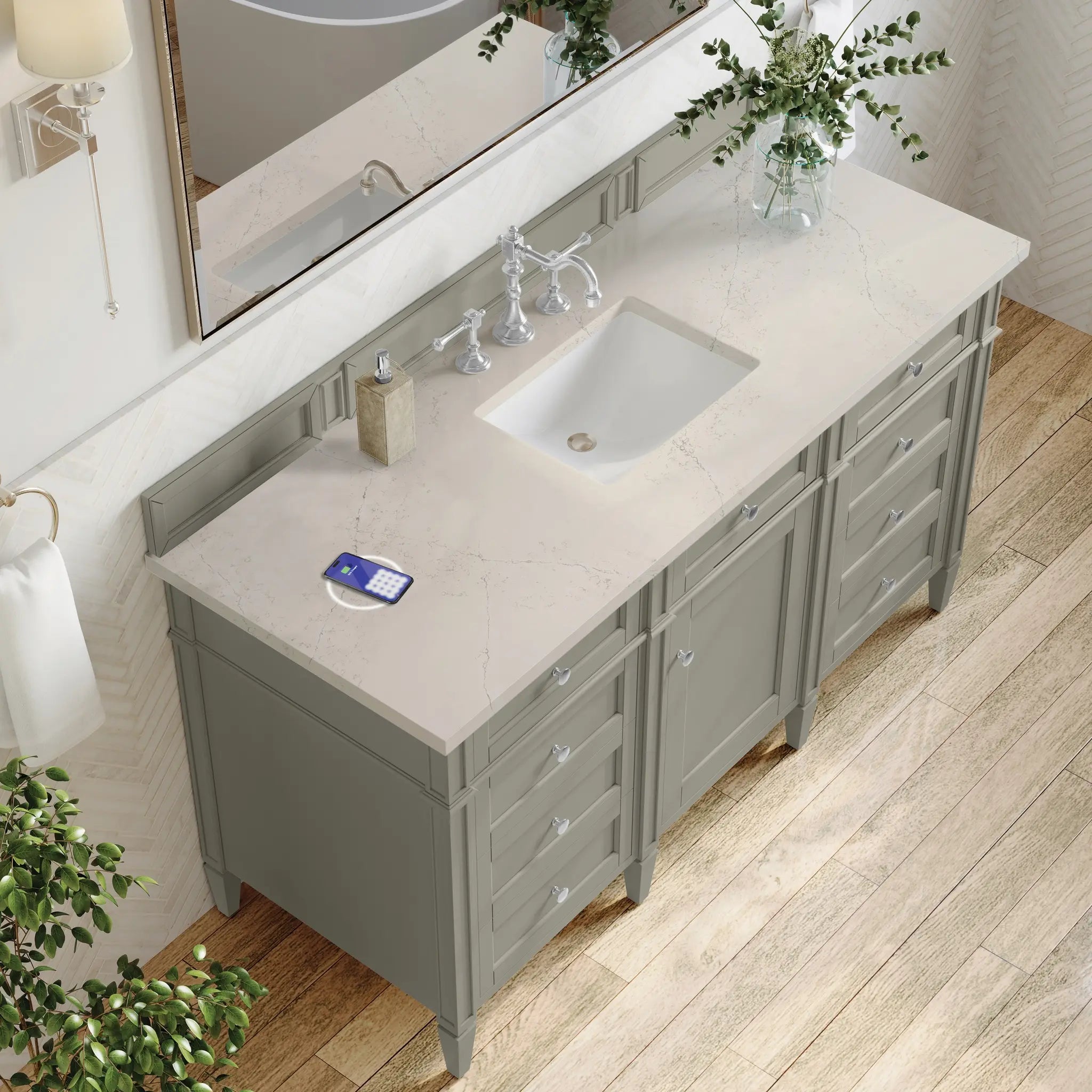60 Brittany Single Vanity In Urban Gray Power Enabled Siberian Silestone 8 Widespread 8