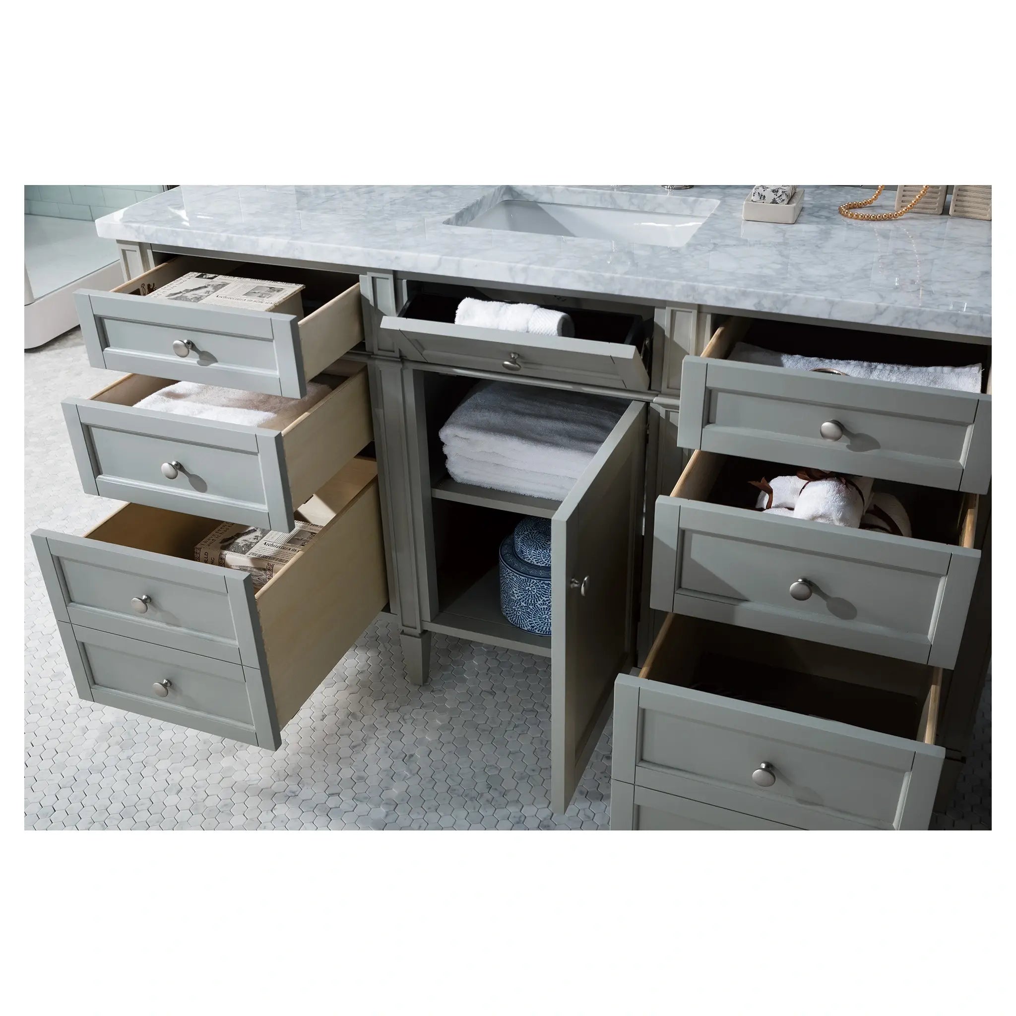 60 Brittany Single Vanity In Urban Gray Standard Carrara White Marble 8 Widespread 5