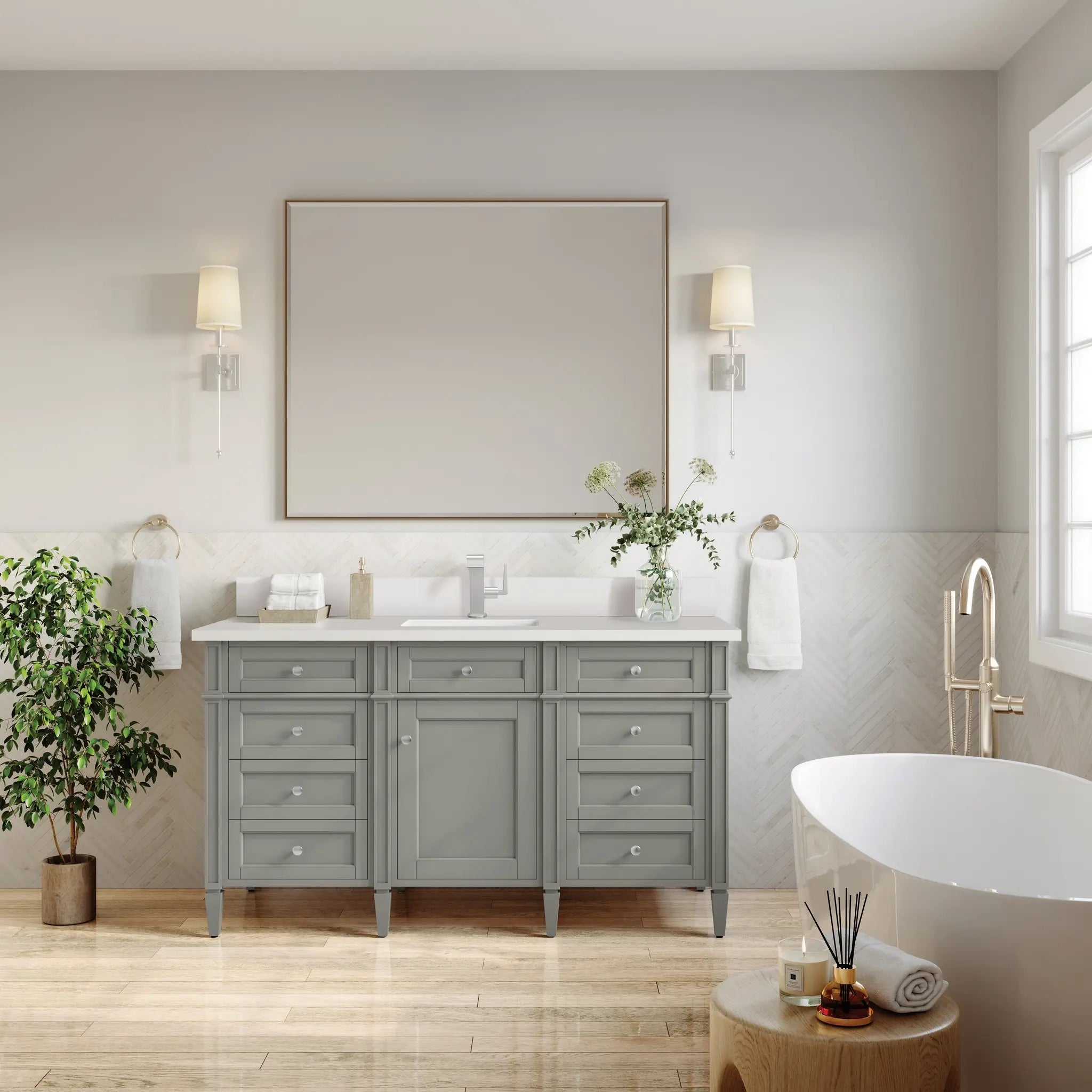60 Brittany Single Vanity In Urban Gray Standard White Zeus Silestone Backsplash Single Hole 3