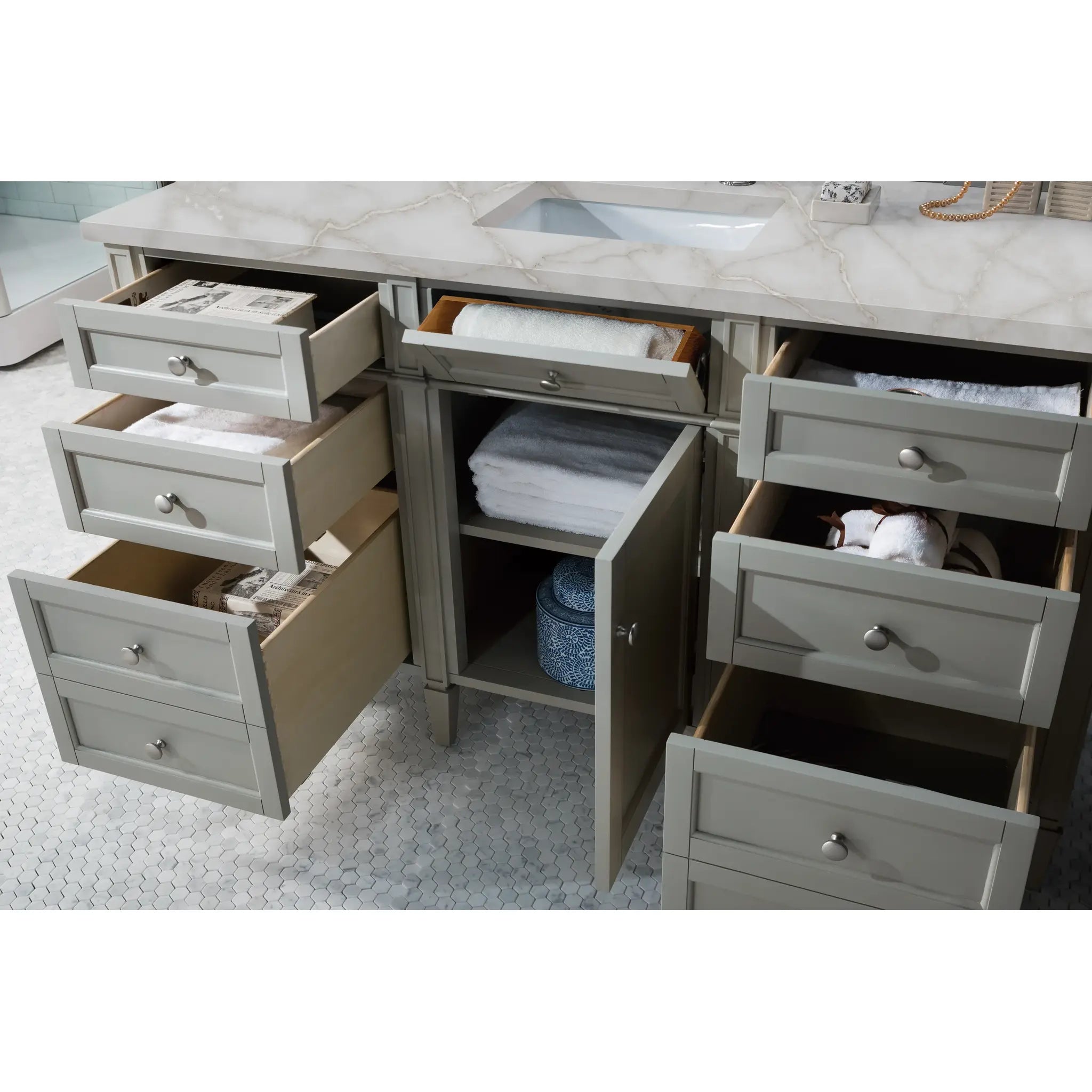 60" Brittany Single Vanity in Urban Gray-Victorian Silver Silestone-8" Widespread image 3