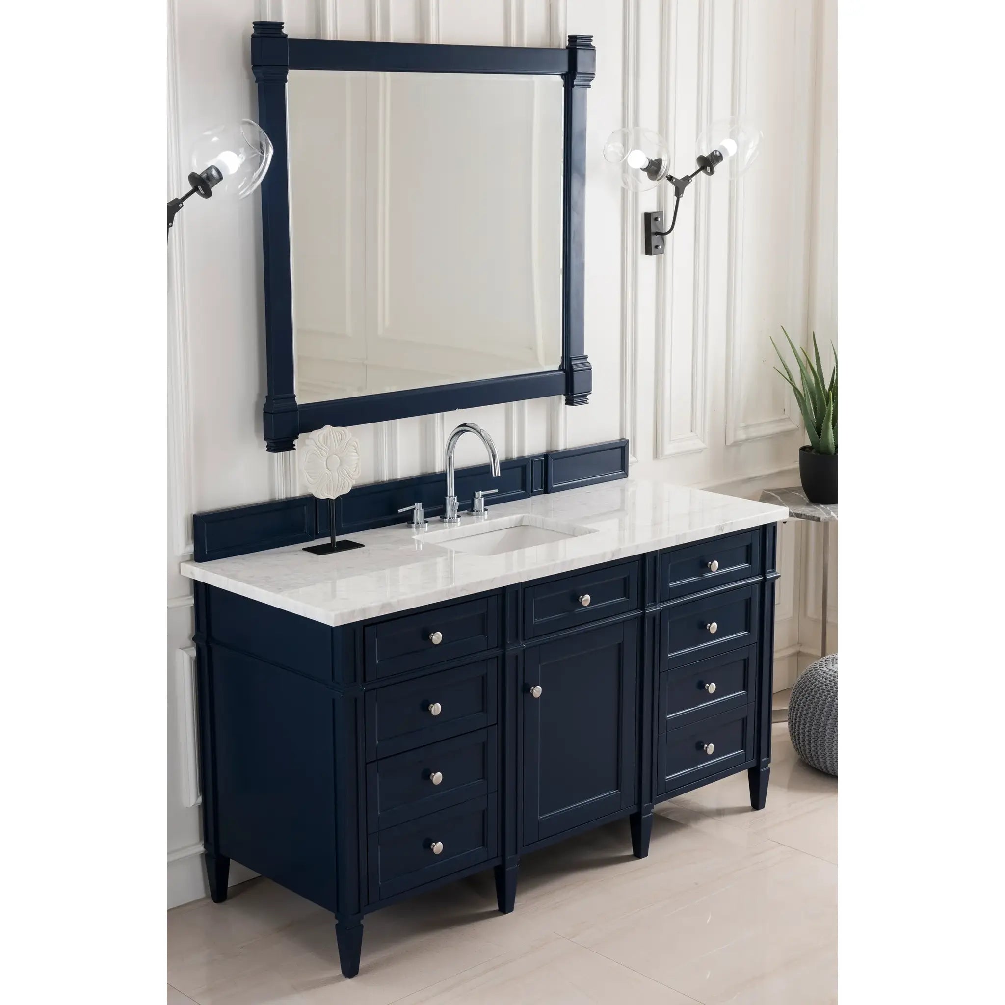 60" Brittany Single Vanity in Victory Blue-Carrara White Marble-8" Widespread image 2
