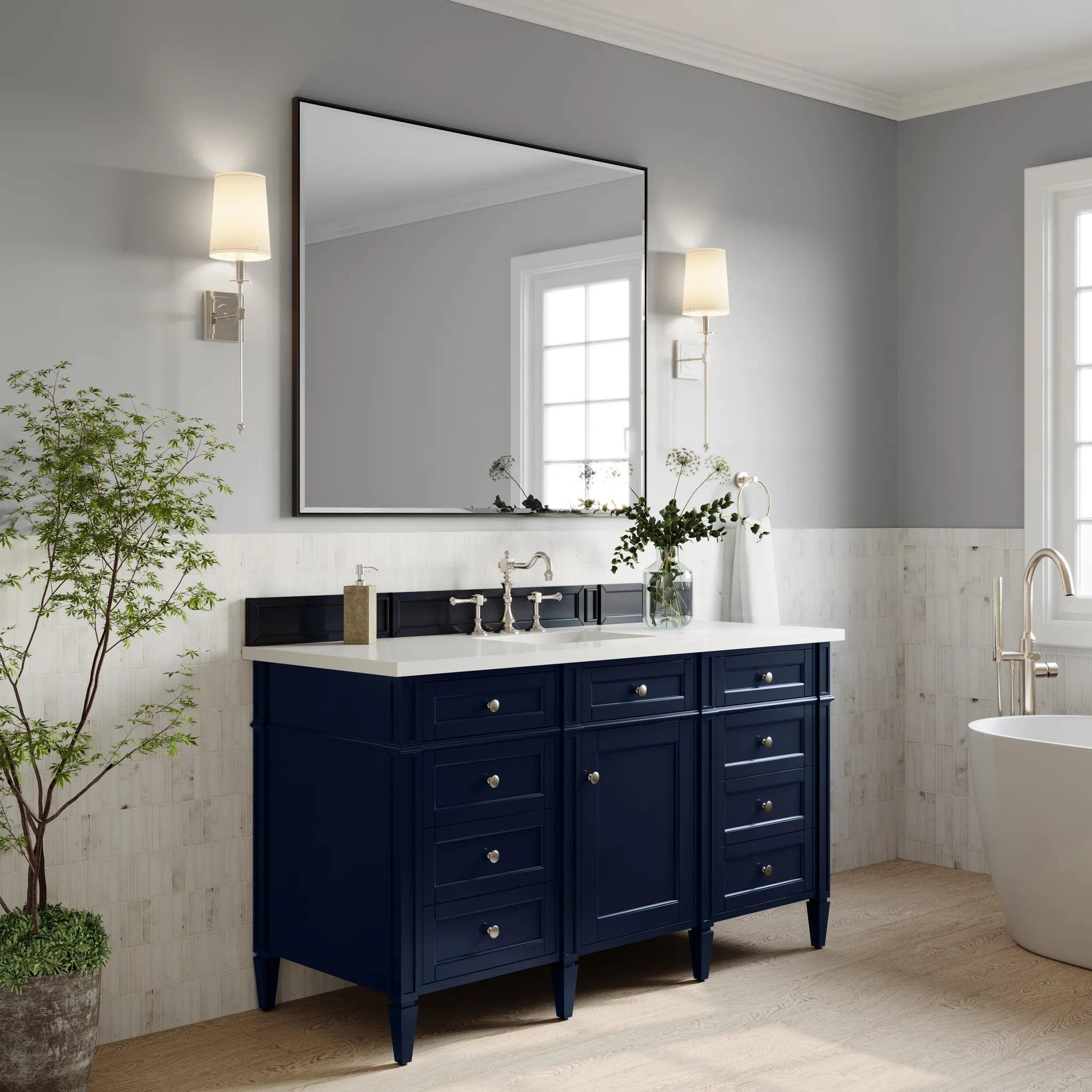 60" Brittany Single Vanity in Victory Blue-White Zeus Silestone-8" Widespread image 1
