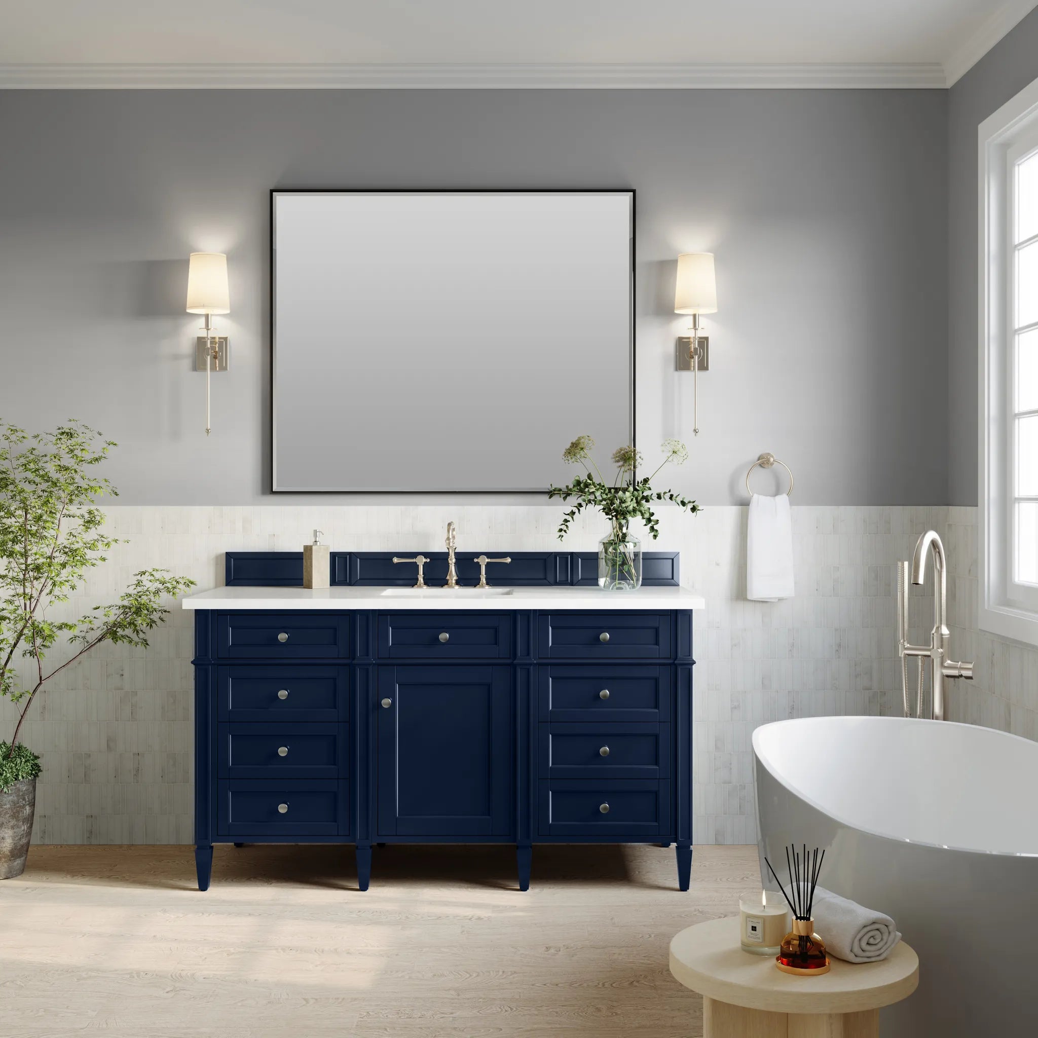 60" Brittany Single Vanity in Victory Blue-White Zeus Silestone-8" Widespread image