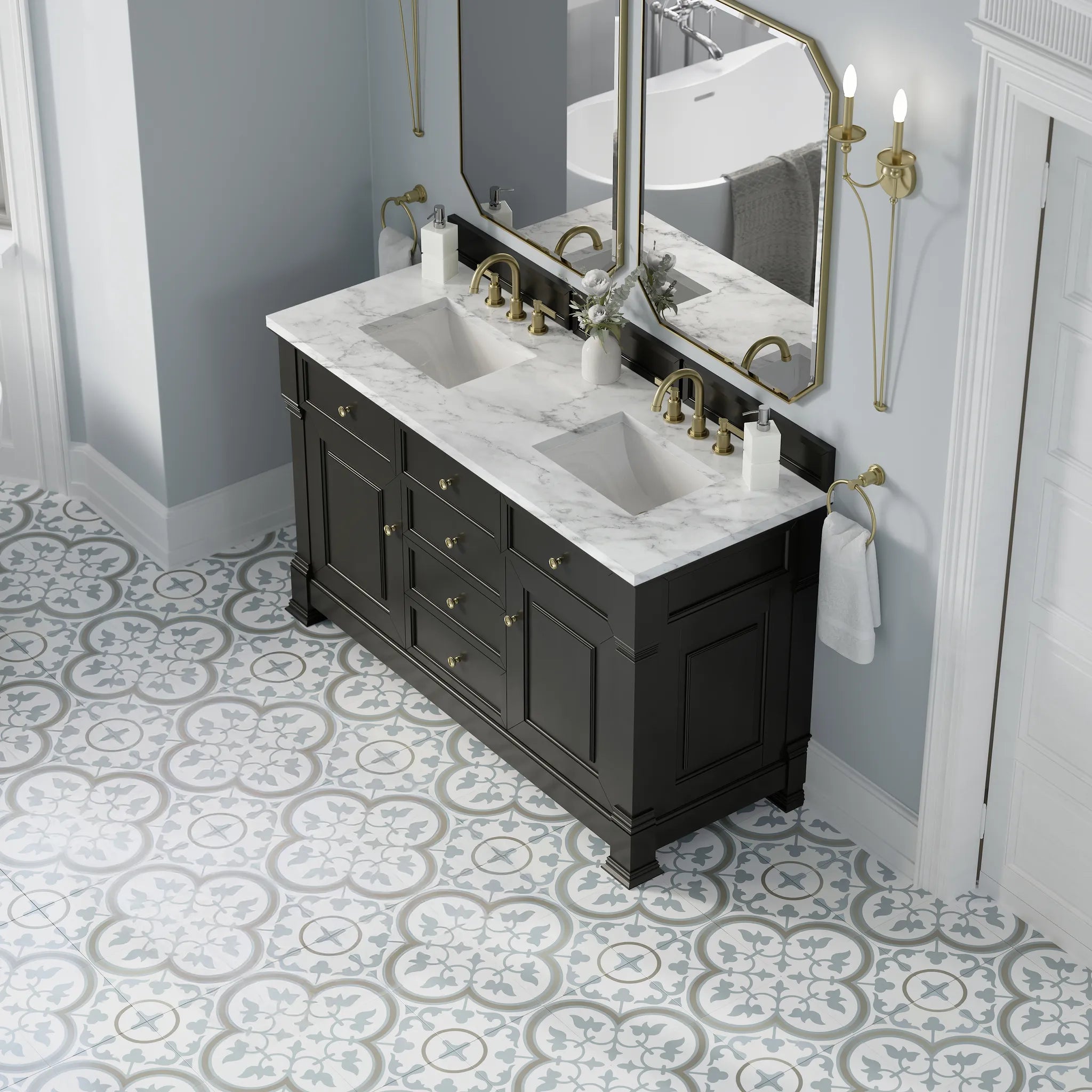 60" Brookfield Double Vanity in Black Onyx-Carrara White Marble-8" Widespread image 6