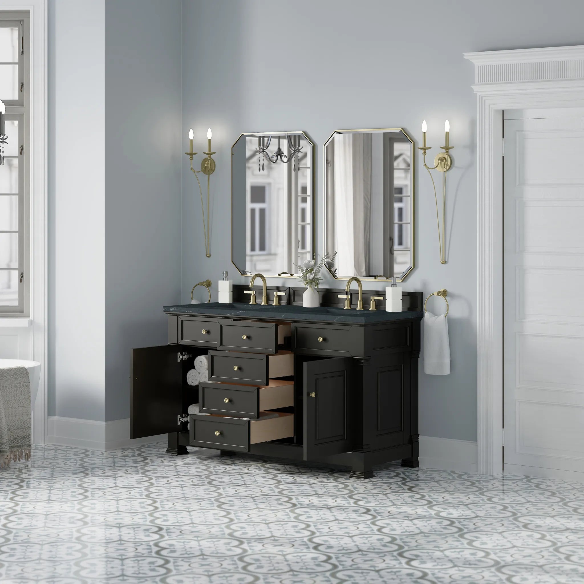 60" Brookfield Double Vanity in Black Onyx-Charcoal Soapstone Silestone-8" Widespread image 4