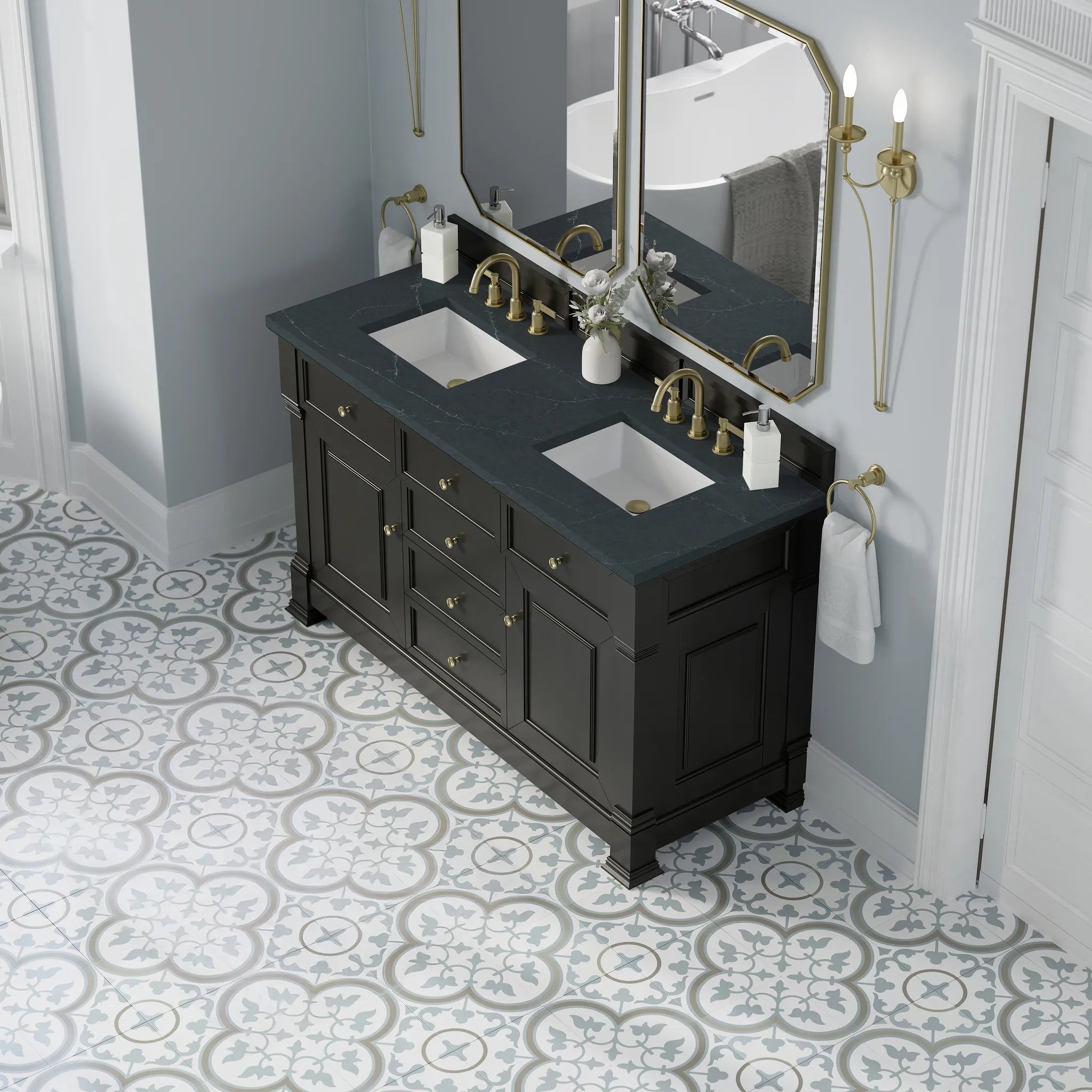 60" Brookfield Double Vanity in Black Onyx-Charcoal Soapstone Silestone-8" Widespread image 6
