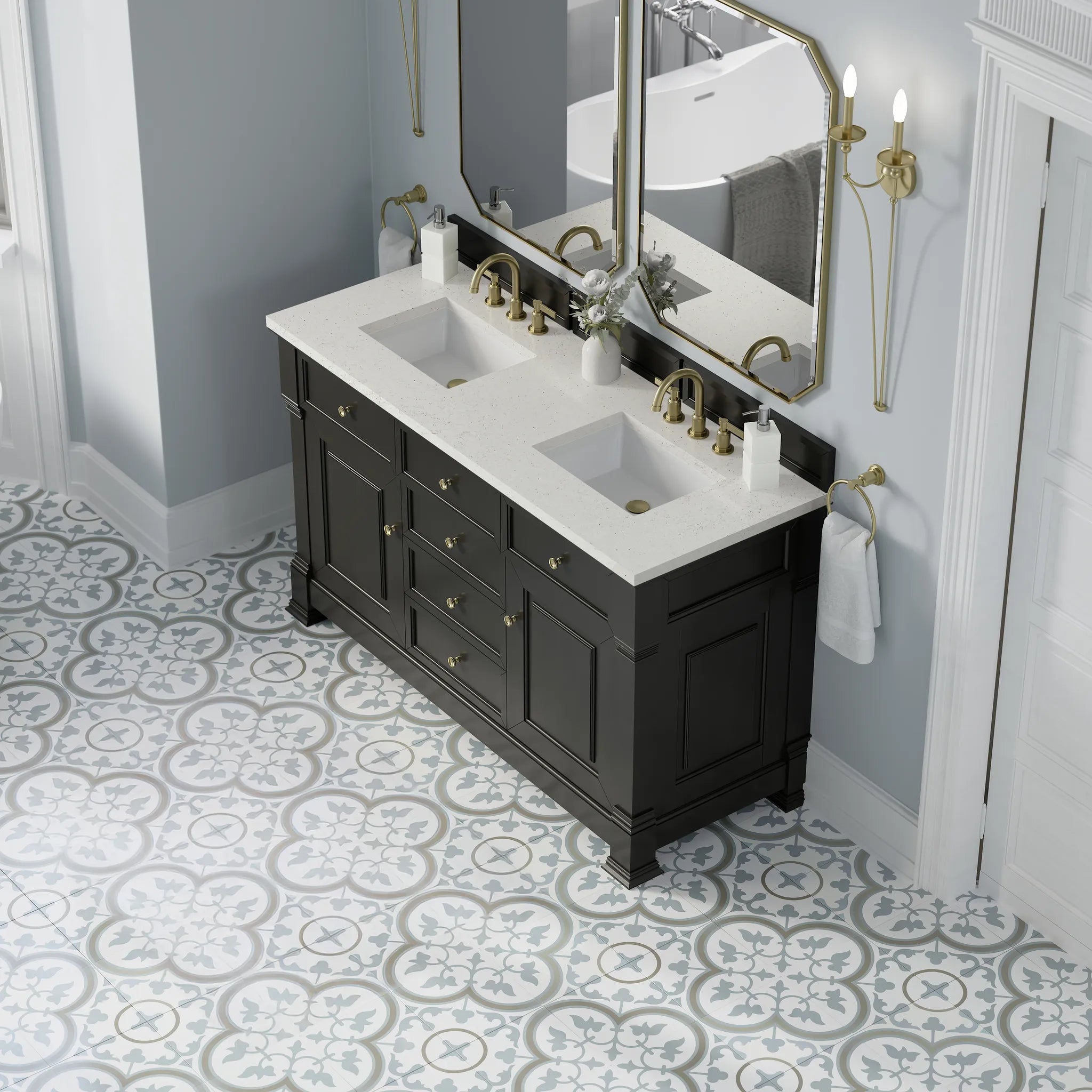 60" Brookfield Double Vanity in Black Onyx-Lime Delight Silestone-8" Widespread image 6