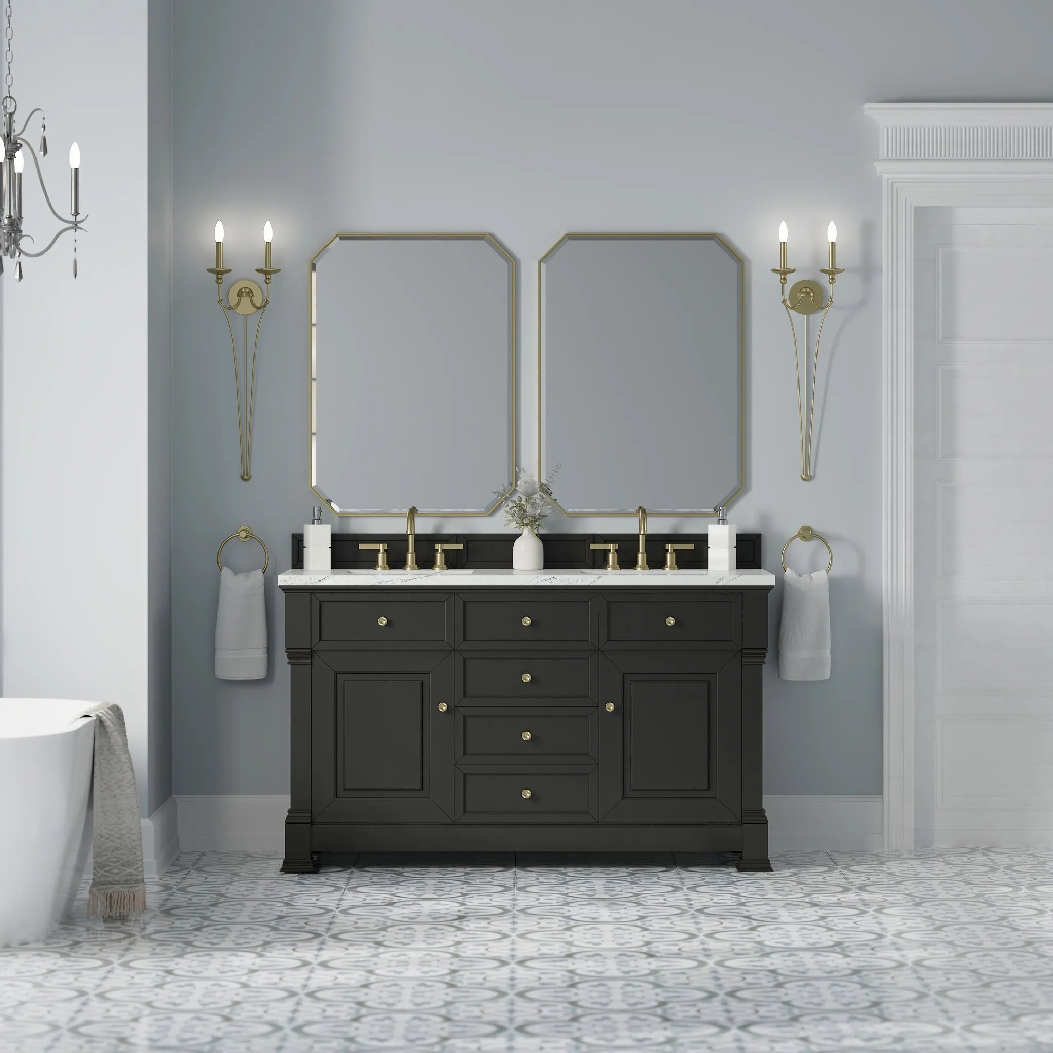 60" Brookfield Double Vanity in Black Onyx w/FreePower Wireless Charger-Ethereal Noctis Silestone-8" Widespread image 5