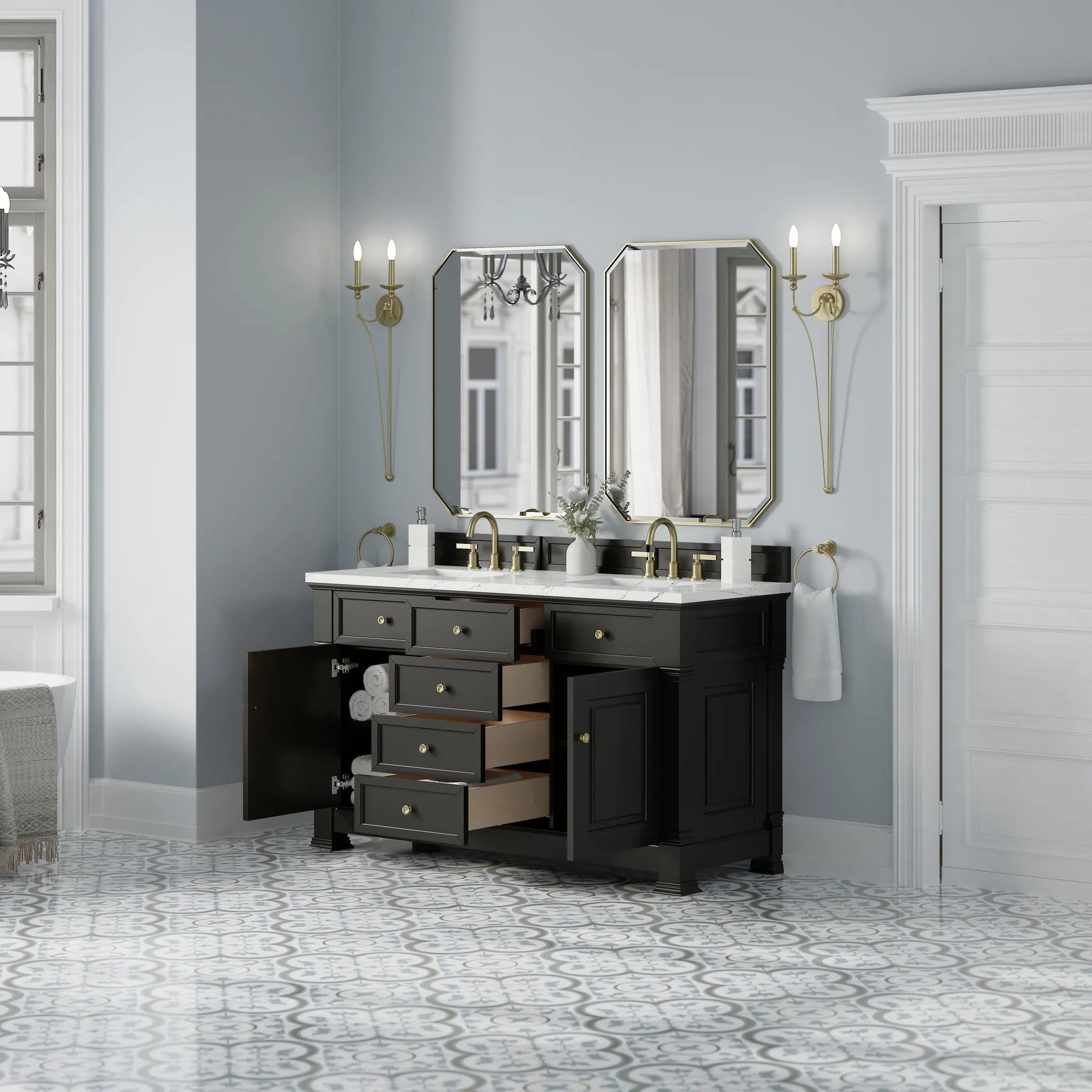 60" Brookfield Double Vanity in Black Onyx w/FreePower Wireless Charger-Ethereal Noctis Silestone-8" Widespread image 7