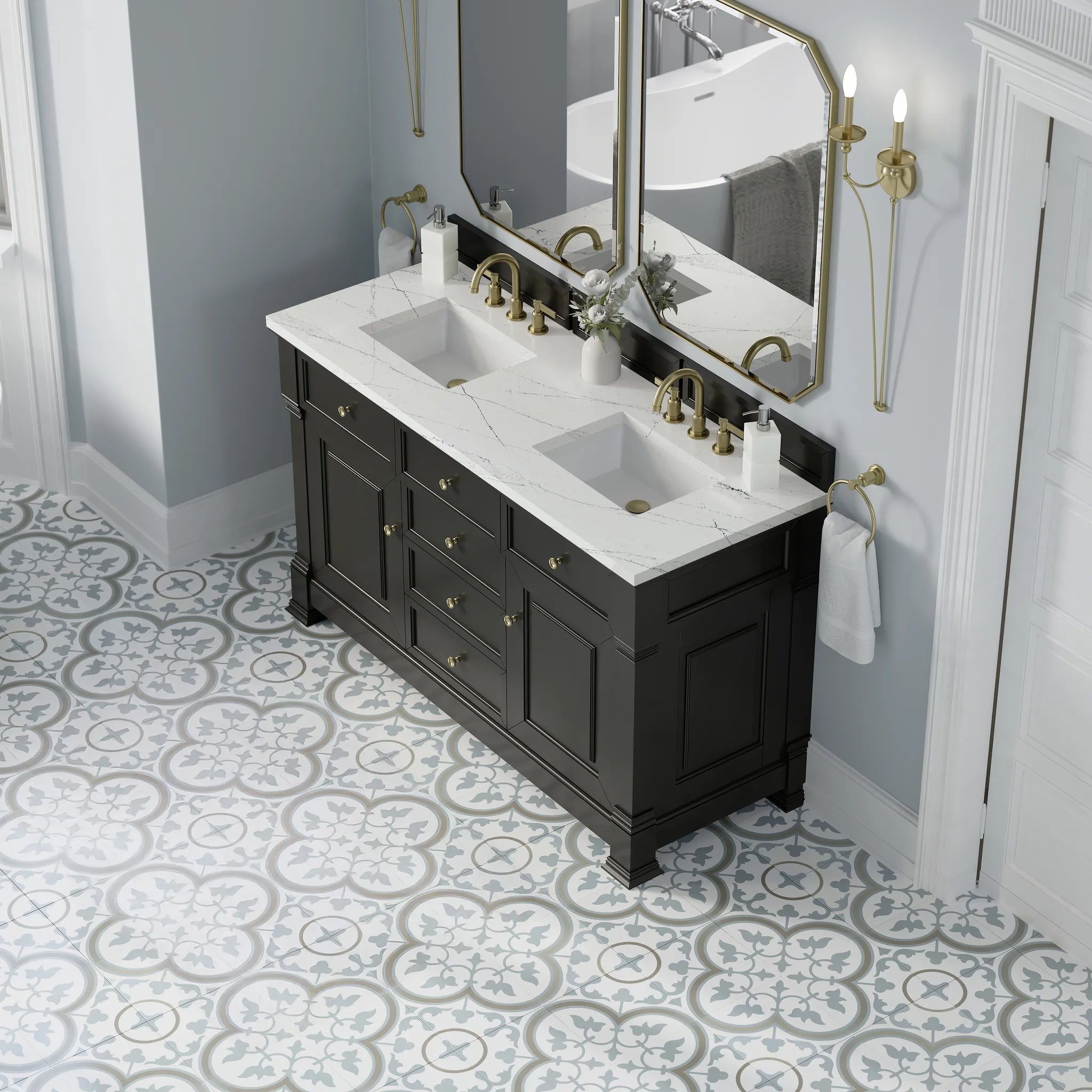 60" Brookfield Double Vanity in Black Onyx w/FreePower Wireless Charger-Ethereal Noctis Silestone-8" Widespread image 9