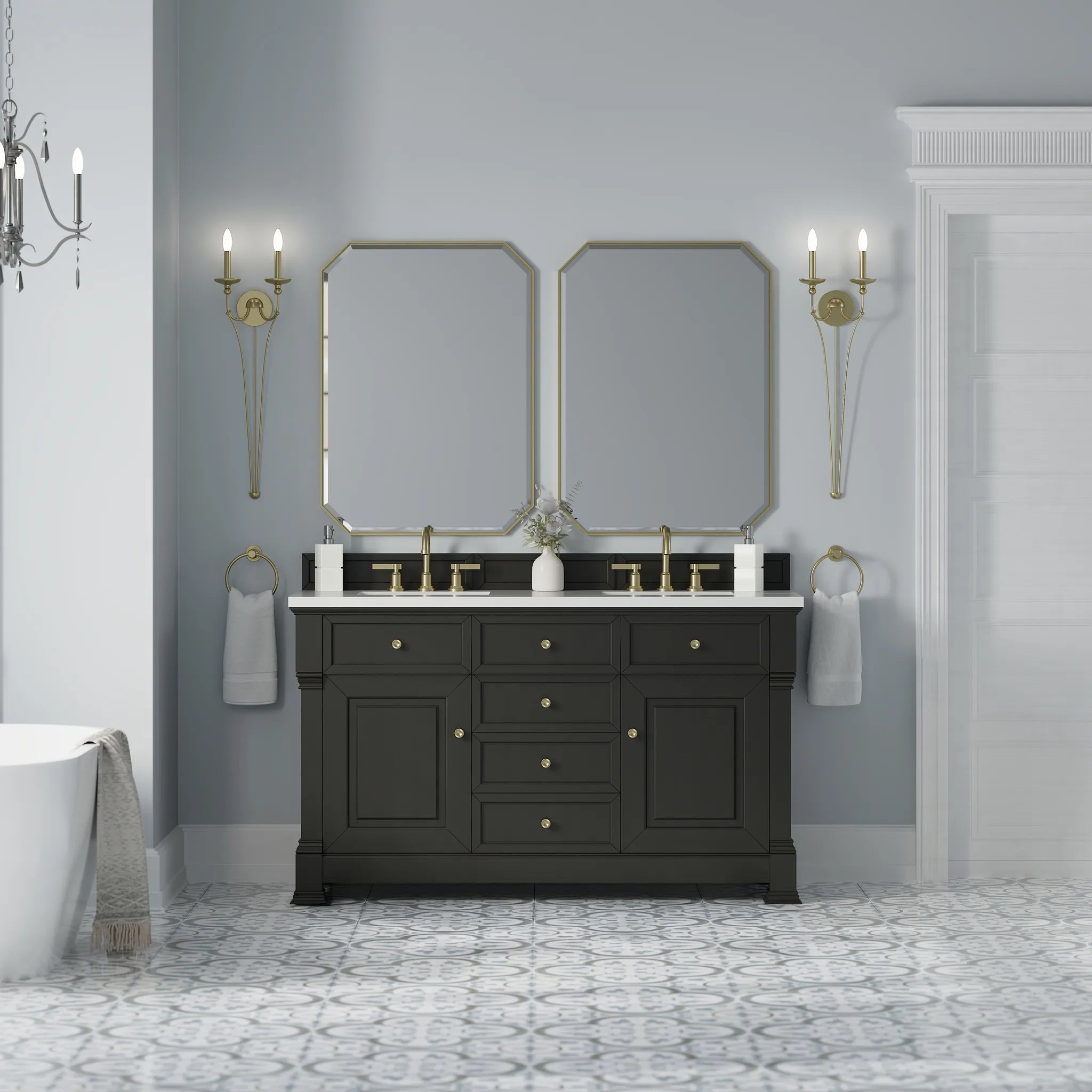60" Brookfield Double Vanity in Black Onyx-White Zeus Silestone-8" Widespread image 2