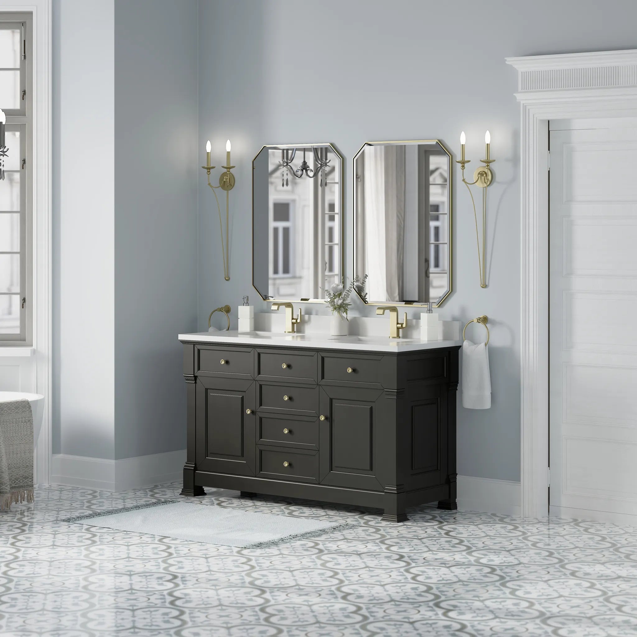 60" Brookfield Double Vanity in Black Onyx-White Zeus Silestone & Backsplash-Single Hole image 3