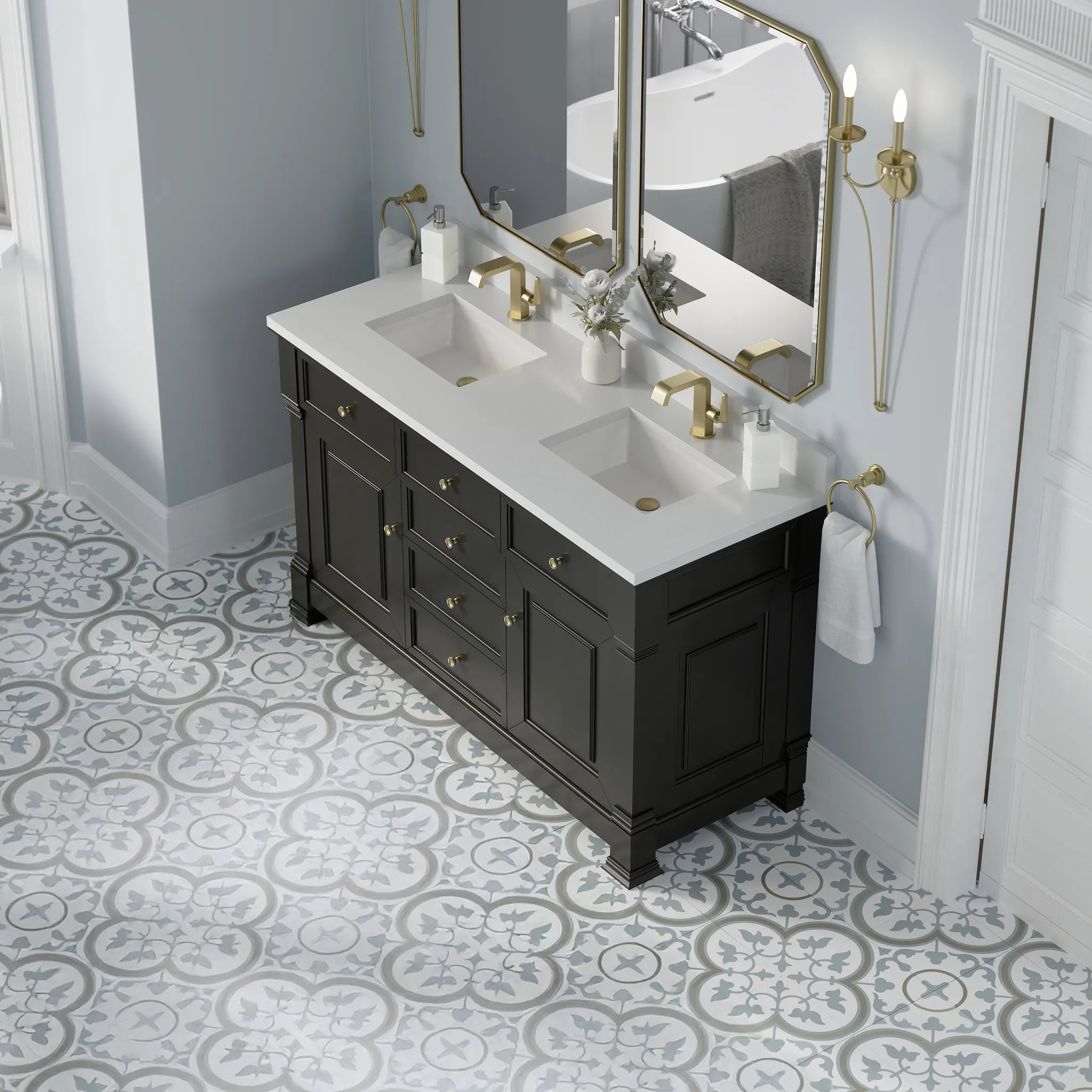 60" Brookfield Double Vanity in Black Onyx-White Zeus Silestone & Backsplash-Single Hole image 6