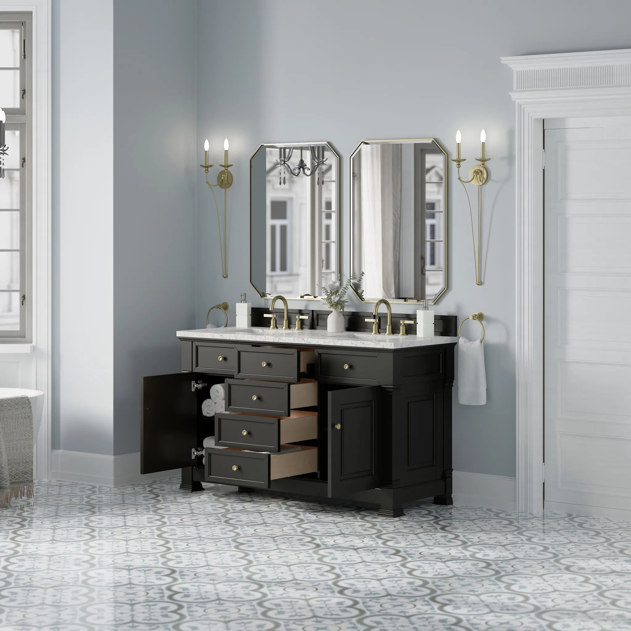 60" Brookfield Double Vanity in Black Onyx Wireless Charger-Eternal Jasmine Pearl Silestone-8" Widespread image 7