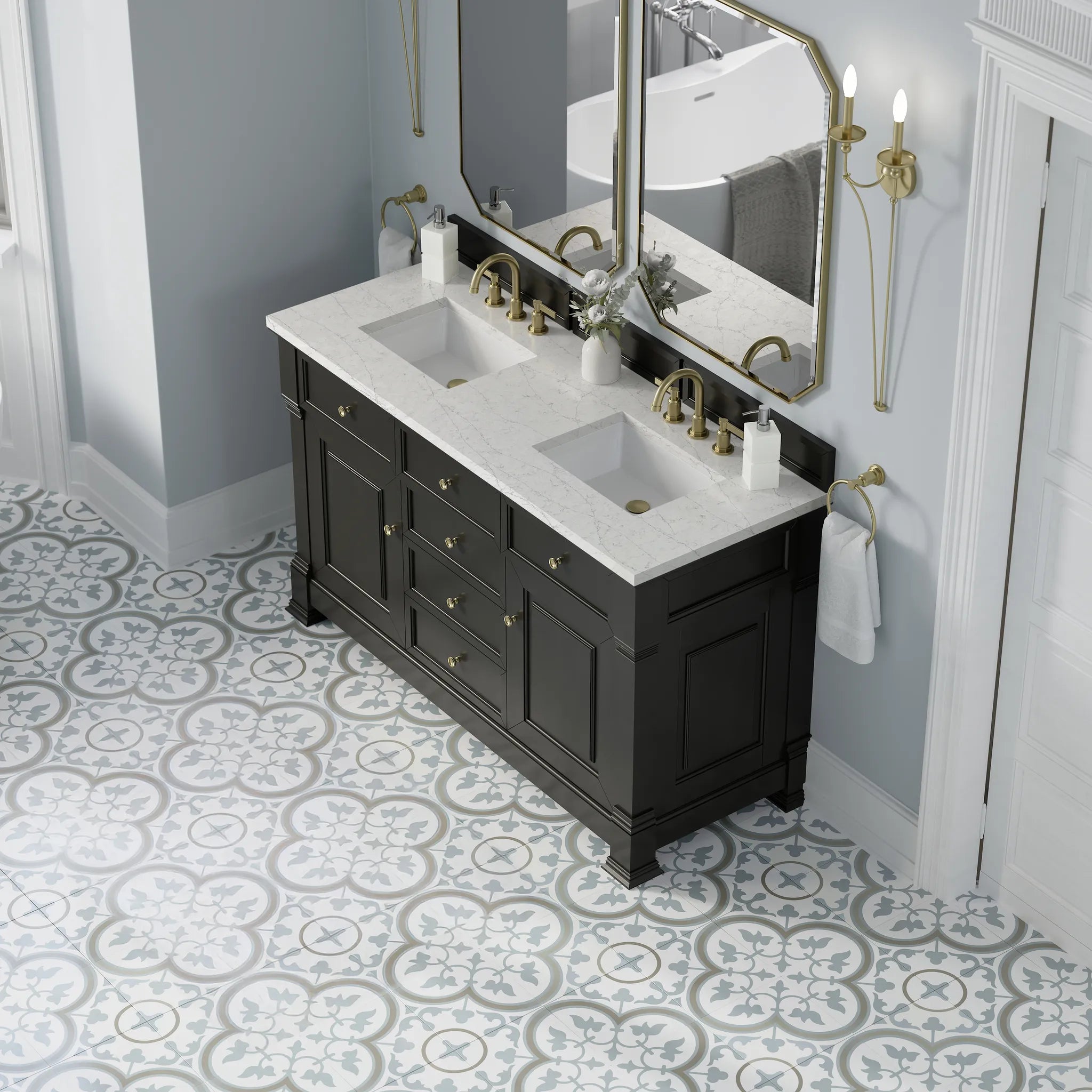 60" Brookfield Double Vanity in Black Onyx Wireless Charger-Eternal Jasmine Pearl Silestone-8" Widespread image 9